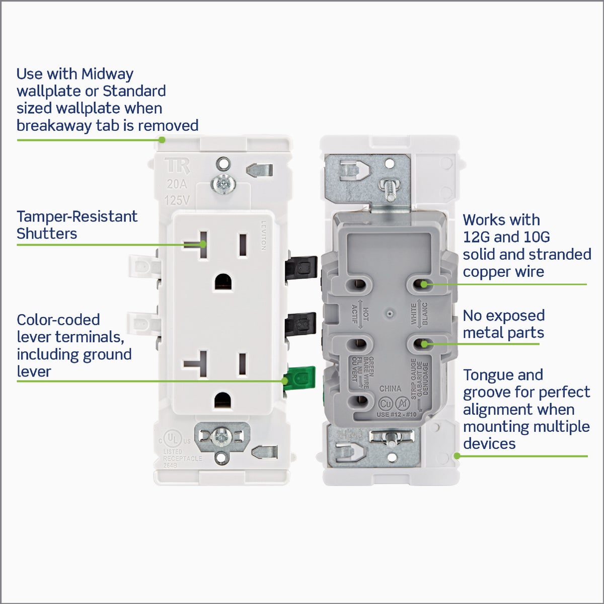 Leviton Lever Edge White 20A Commercial Grade 5-15R Tamper Resistant Duplex Outlet Image 4