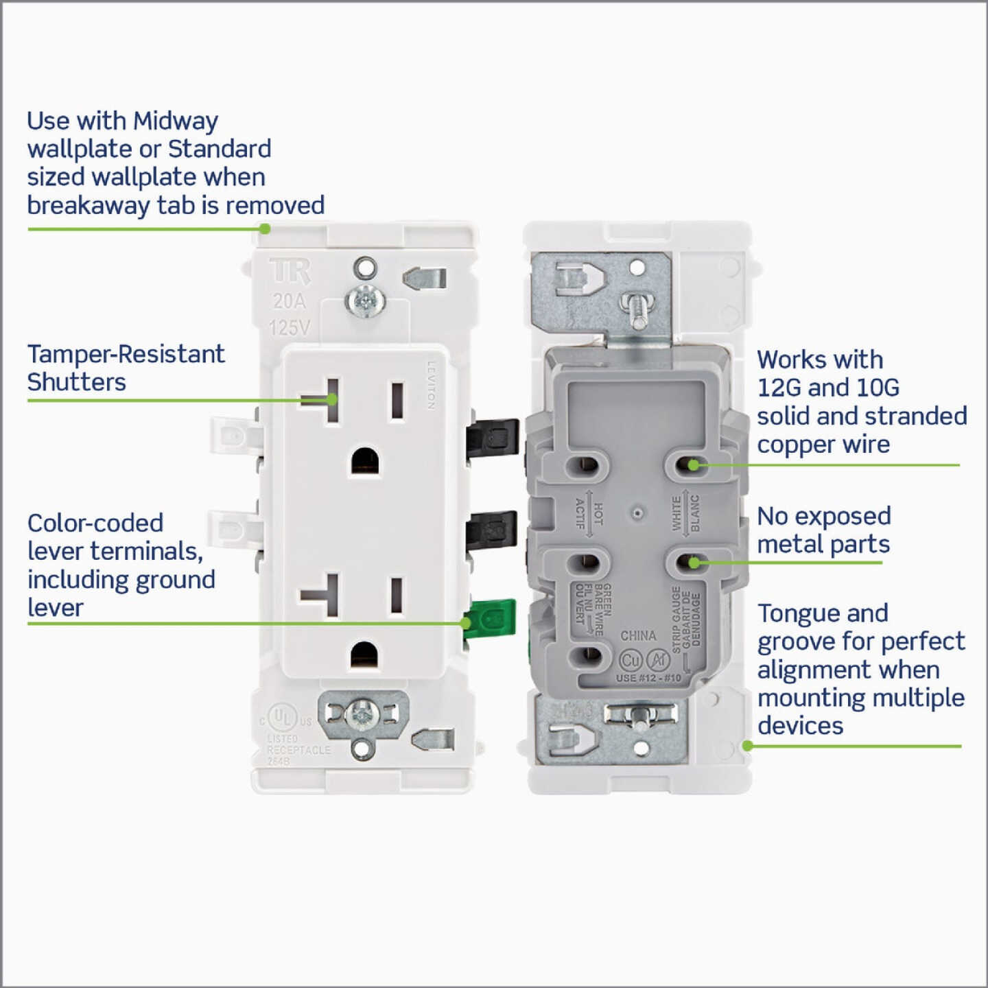 Leviton Lever Edge White 20A Commercial Grade 5-15R Tamper Resistant Duplex Outlet Image 4