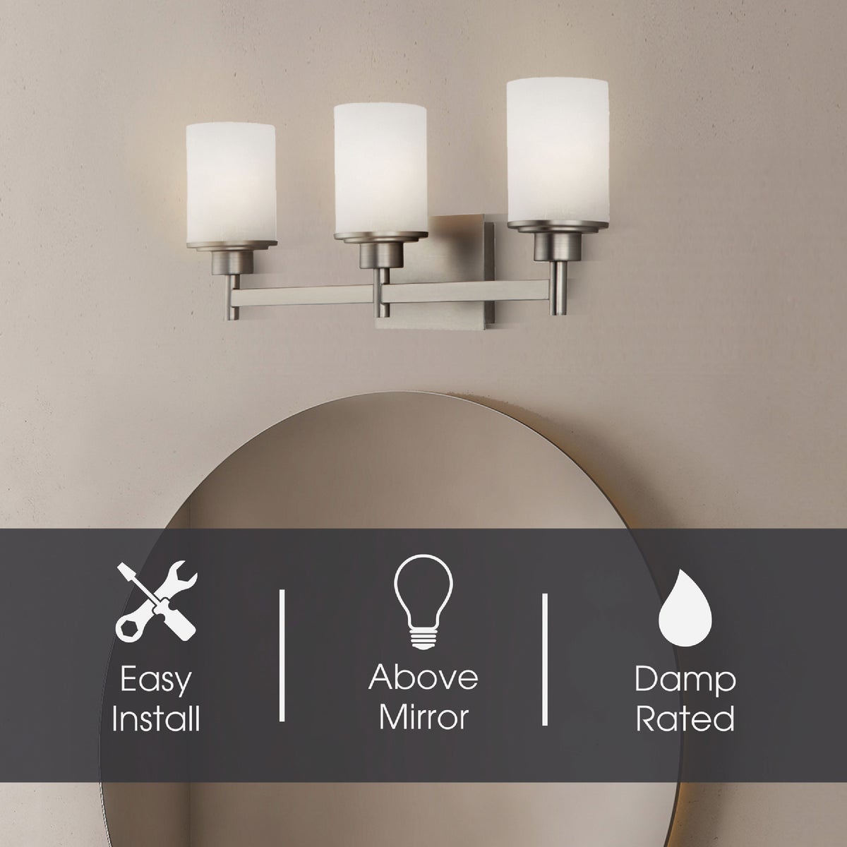 Canarm Lyndi 3-Light Brushed Nickel Vanity Bath Light Fixture, Etched Glass Image 2