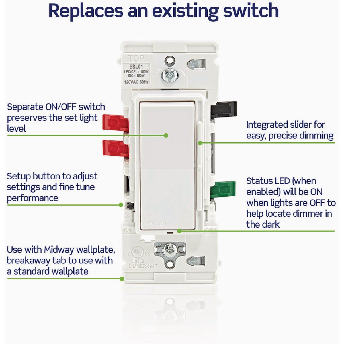 Leviton Decora Lever Edge Incandescent White Rocker Slide Dimmer Switch Image 4
