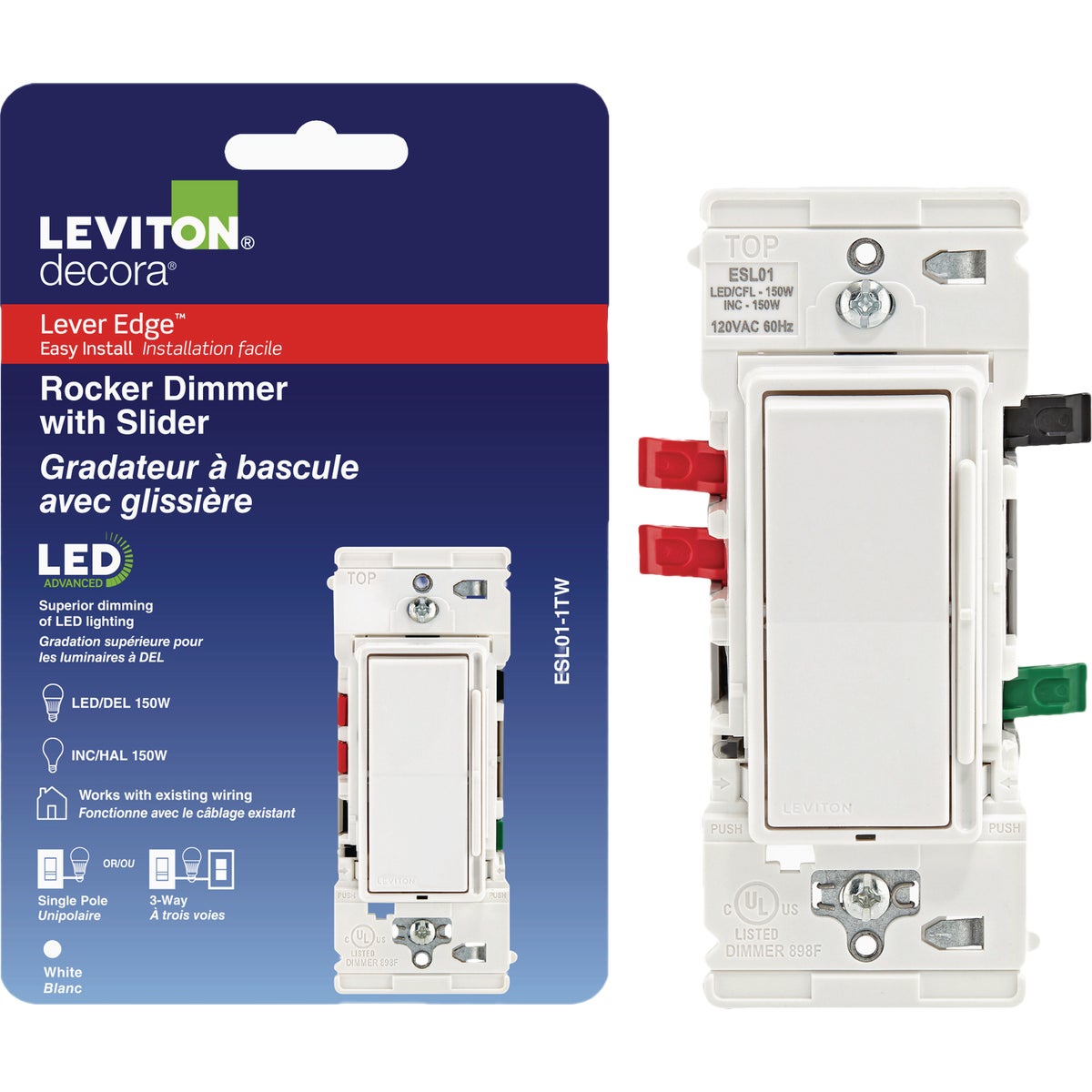 Leviton Decora Lever Edge Incandescent White Rocker Slide Dimmer Switch