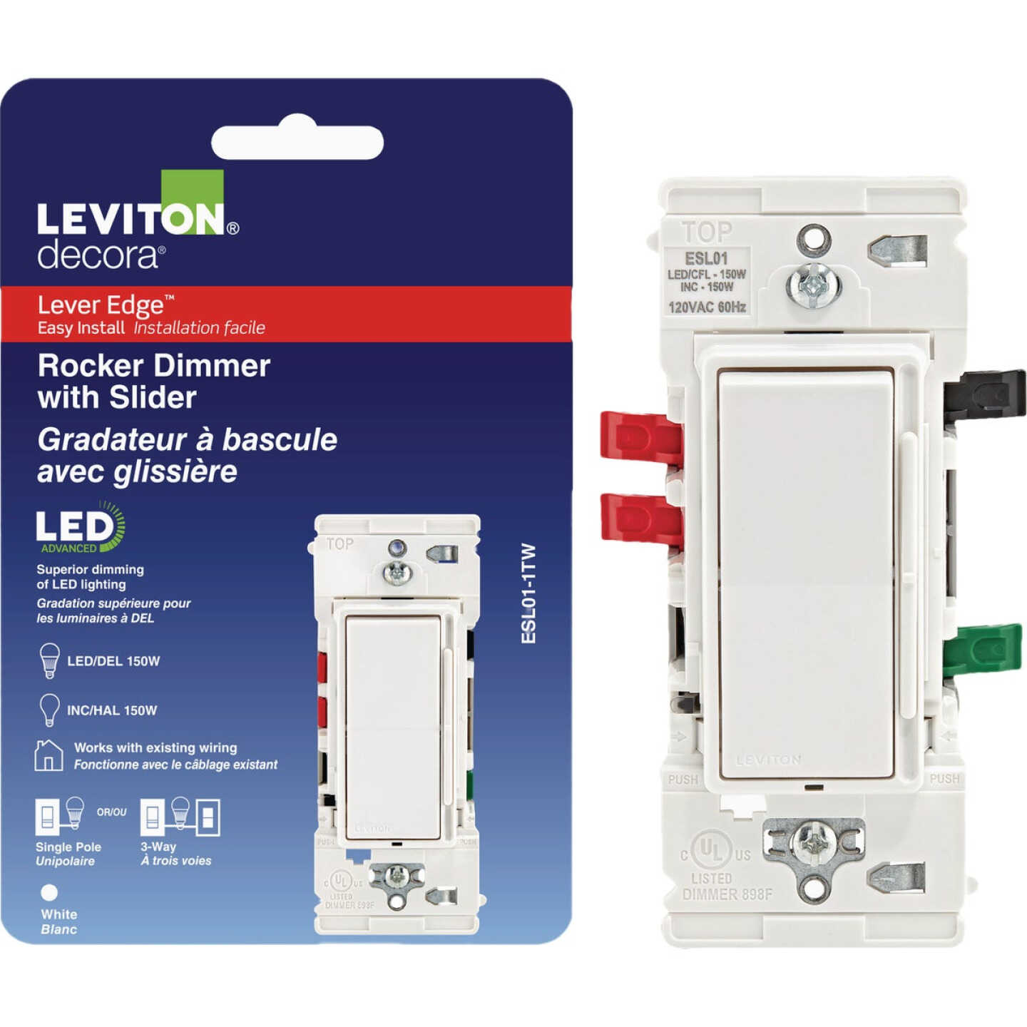 Leviton Decora Lever Edge Incandescent White Rocker Slide Dimmer Switch Image 1