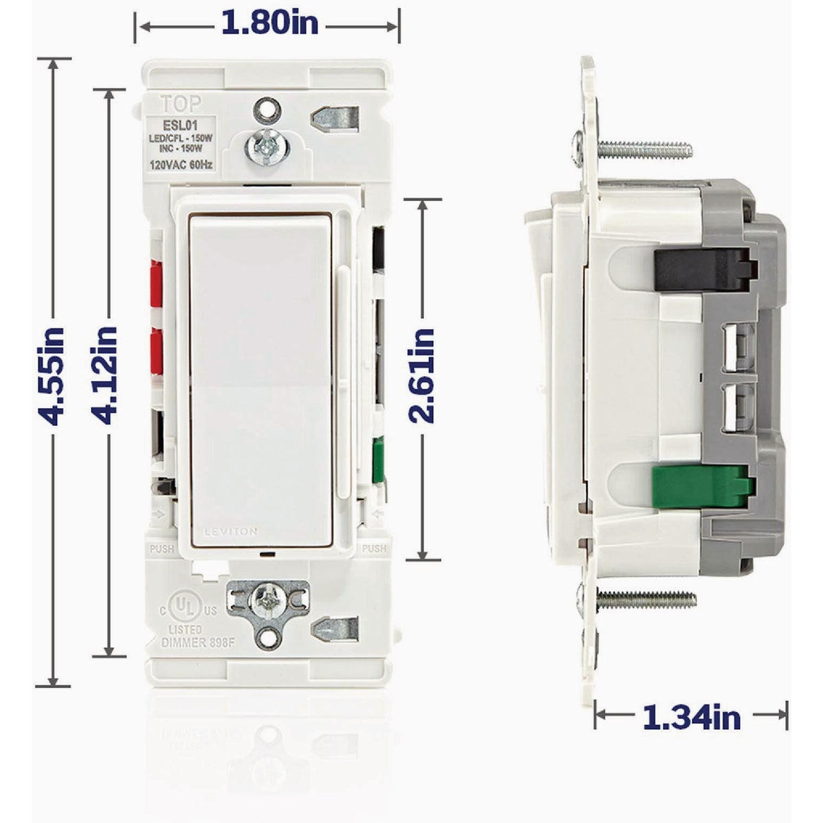 Leviton Decora Lever Edge Incandescent White Rocker Slide Dimmer Switch Image 6