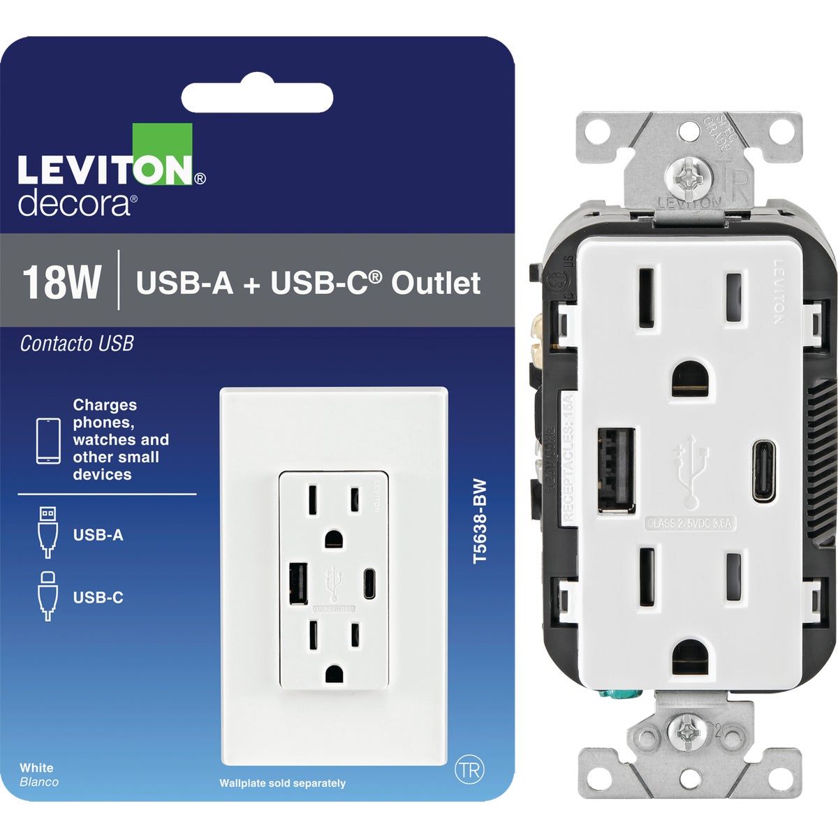 Leviton Decora 15A White 3.6A Type A/C USB Tamper-Resistant Wall Outlet Charger
