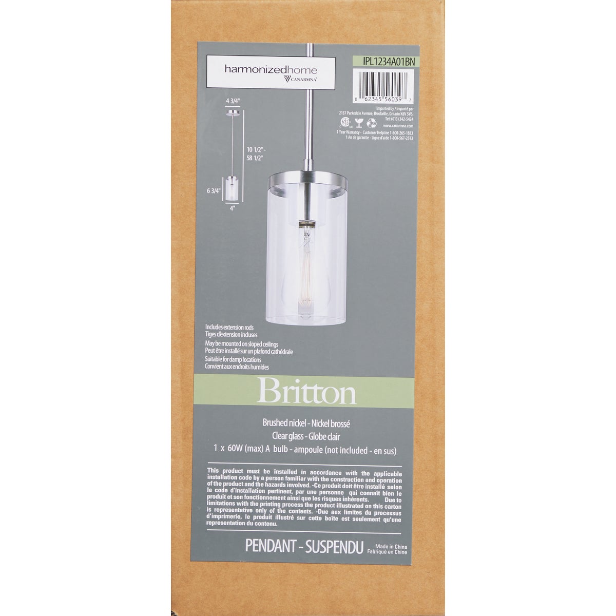 Canarm Britton Brushed Nickel Pendant Light Fixture, Clear Glass Image 4