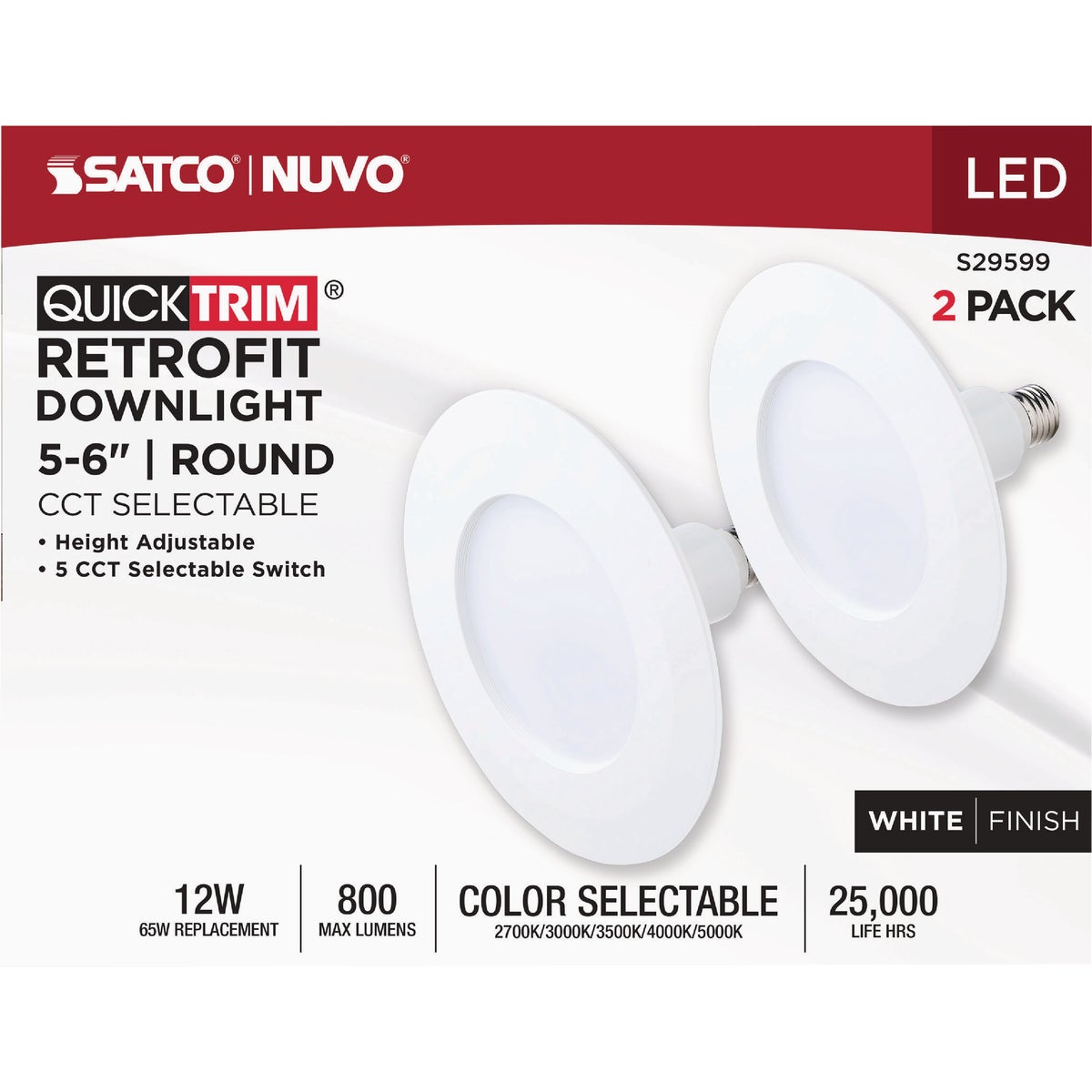 Satco 5 In./6 In. 800 Lm. 12W Retrofit White LED CCT-Selectable Recessed Light Kit (2-Pack) Image 4