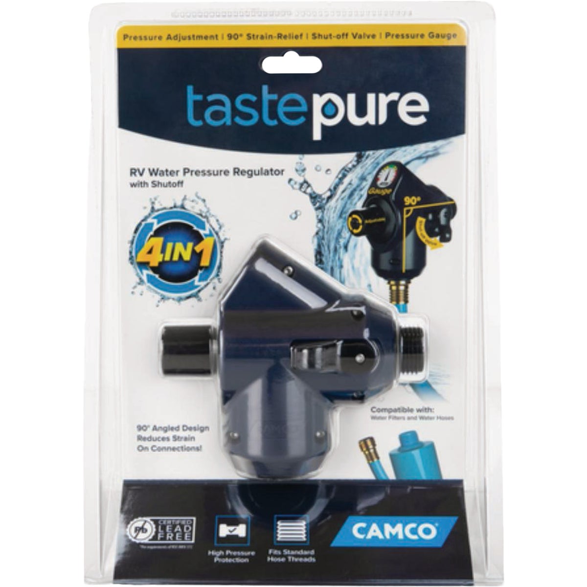 Camco TastePURE 90 Degree Water Pressure Regulator with Shut-Off Image 1
