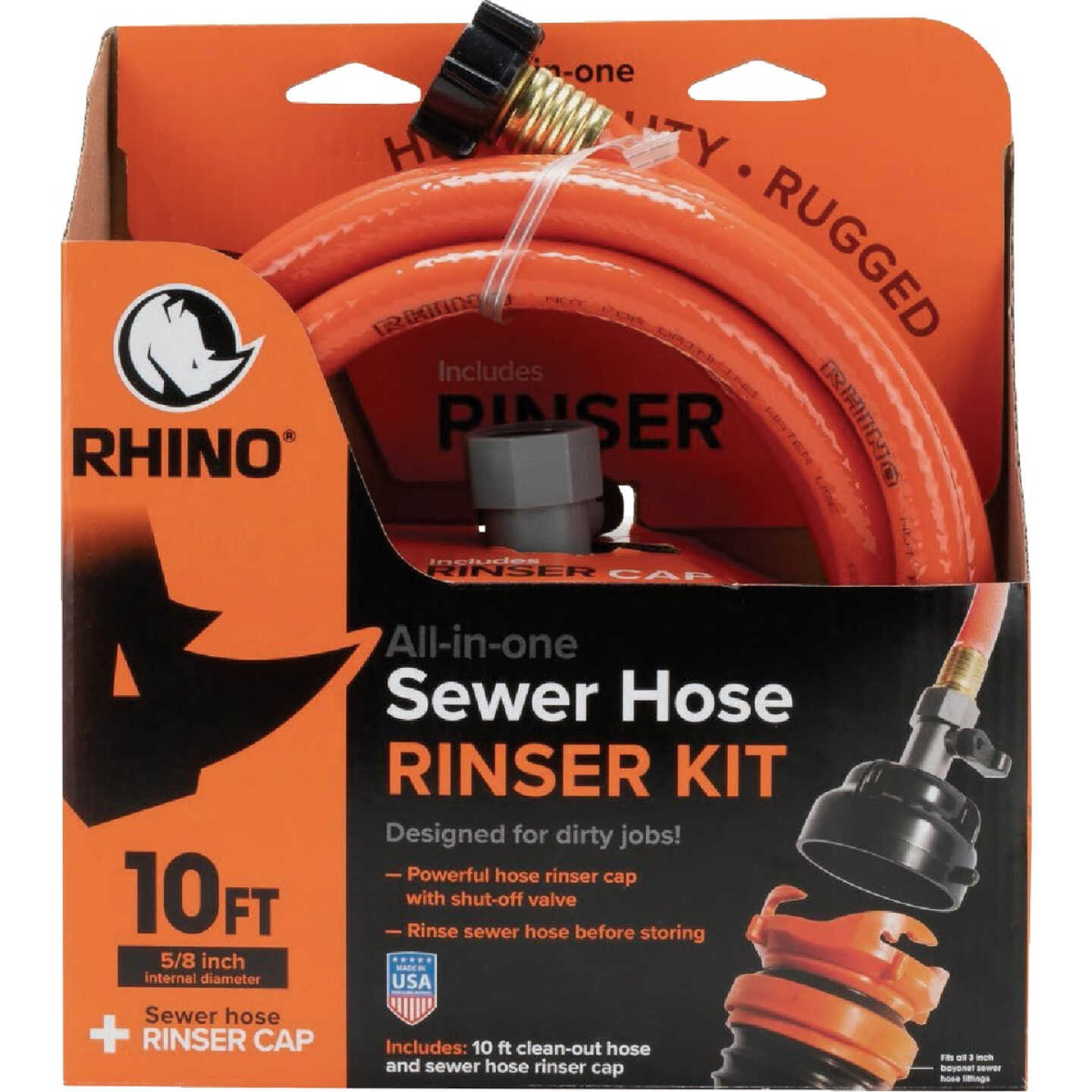 Rhino 5/8 In. Dia. 10 Ft. All-in-One Sewer Clean Out Hose with Rinse Cap Image 1