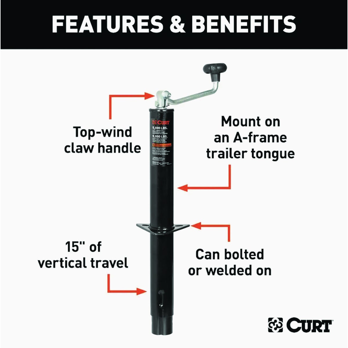 CURT 5000 Lb. Weld-On Pipe-Mount Swivel Trailer Tongue Jack, 10-3/4 In. Vertical Travel Image 2