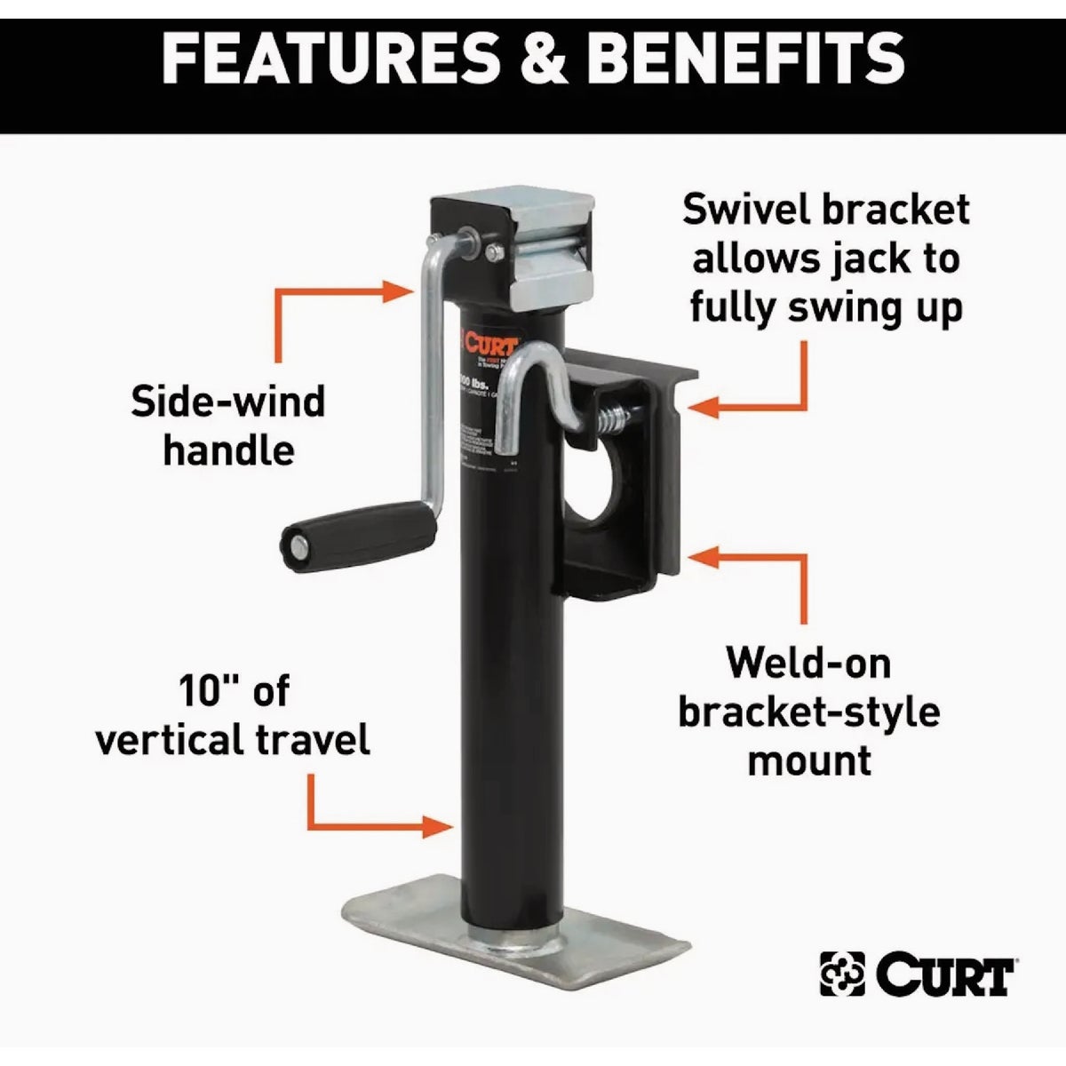 CURT 10 In. 2000 Lb. Bracket-Mount Swivel Jack with Side Handle Image 3