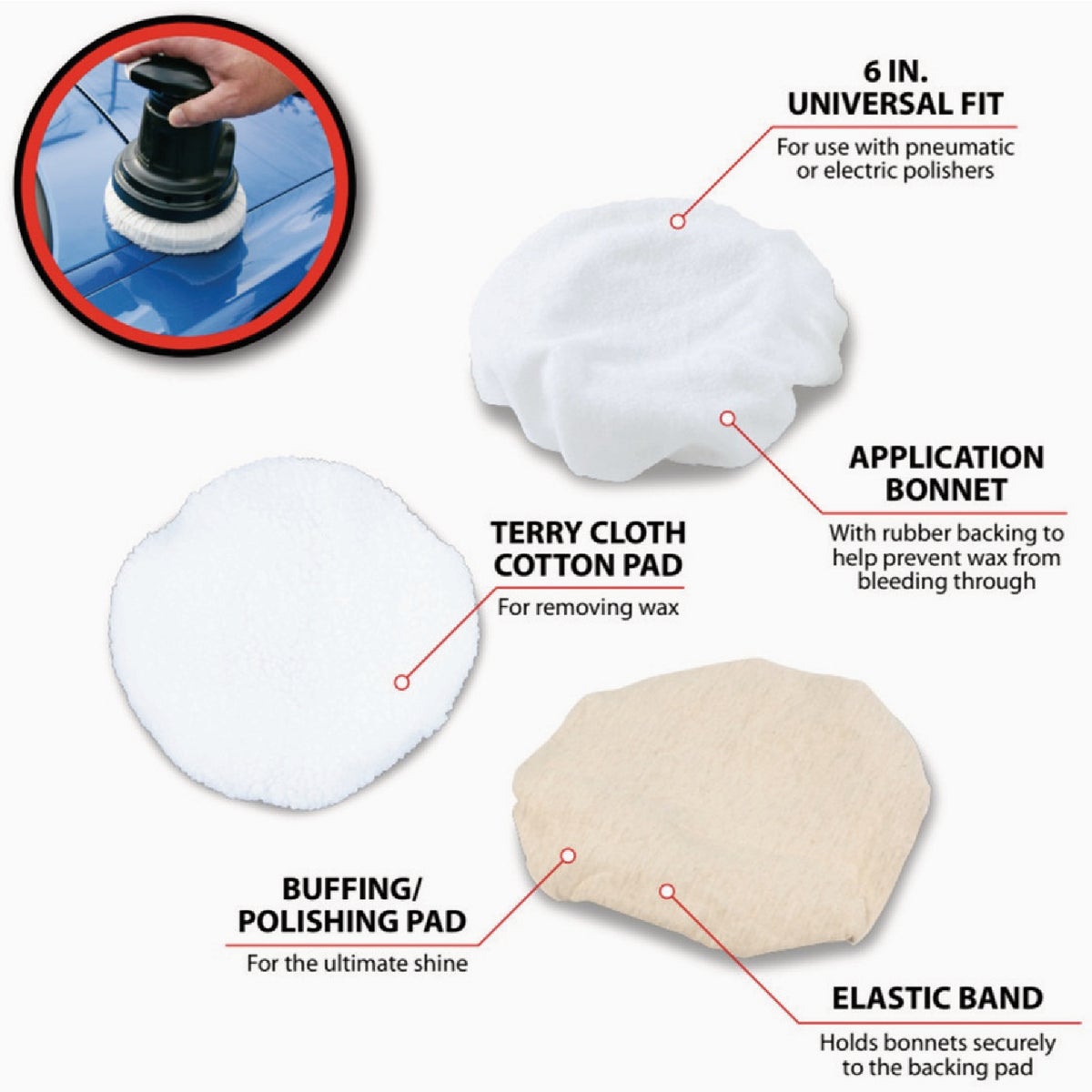 Performance Tool 6 In. Car Polisher Bonnet Kit (3-Piece) Image 2