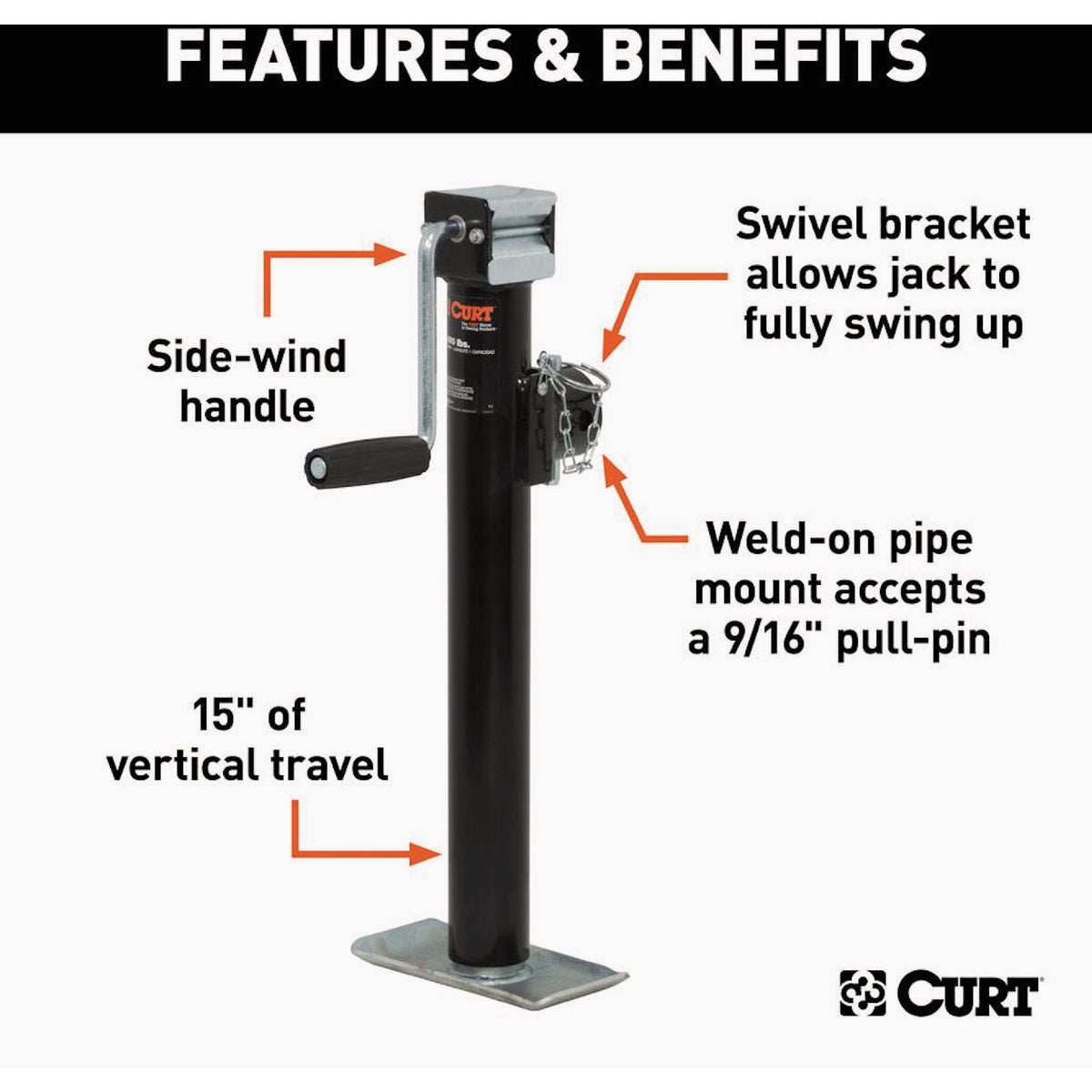 CURT 2000 Lb. Pipe-Mount Swivel Jack with Side Handle, 15 In. Travel Image 2