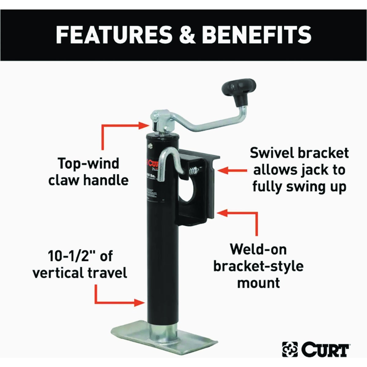 Curt 2000 Lb. Bracket-Mount Swivel Jack With Top Handle, 10 In. Travel Image 2