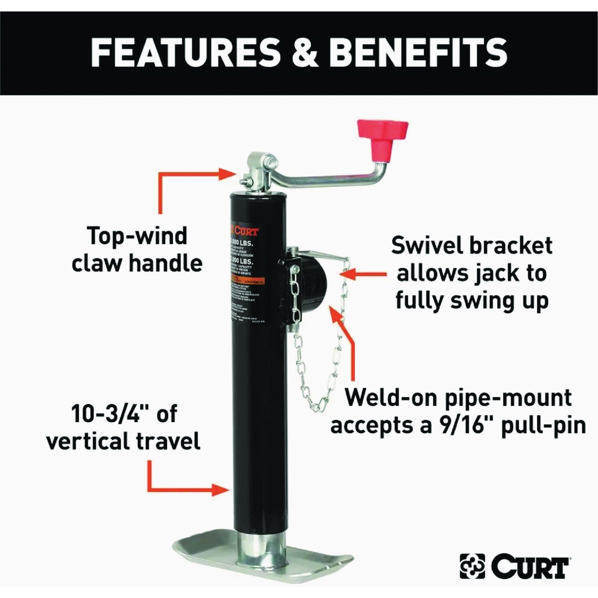 CURT 5000 Lb. Pipe-Mount Swivel Trailer Jack with Top Handle, 10 In. Travel Image 2