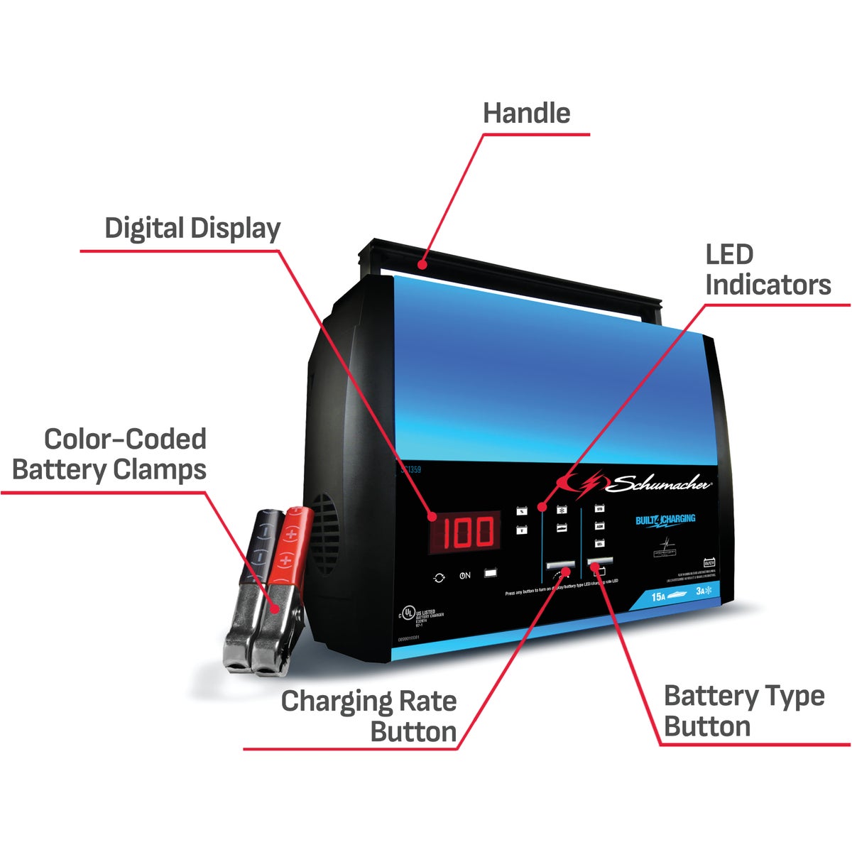  Schumacher Fully Automatic 6V and 12V 15A Auto Battery Charger Image 2