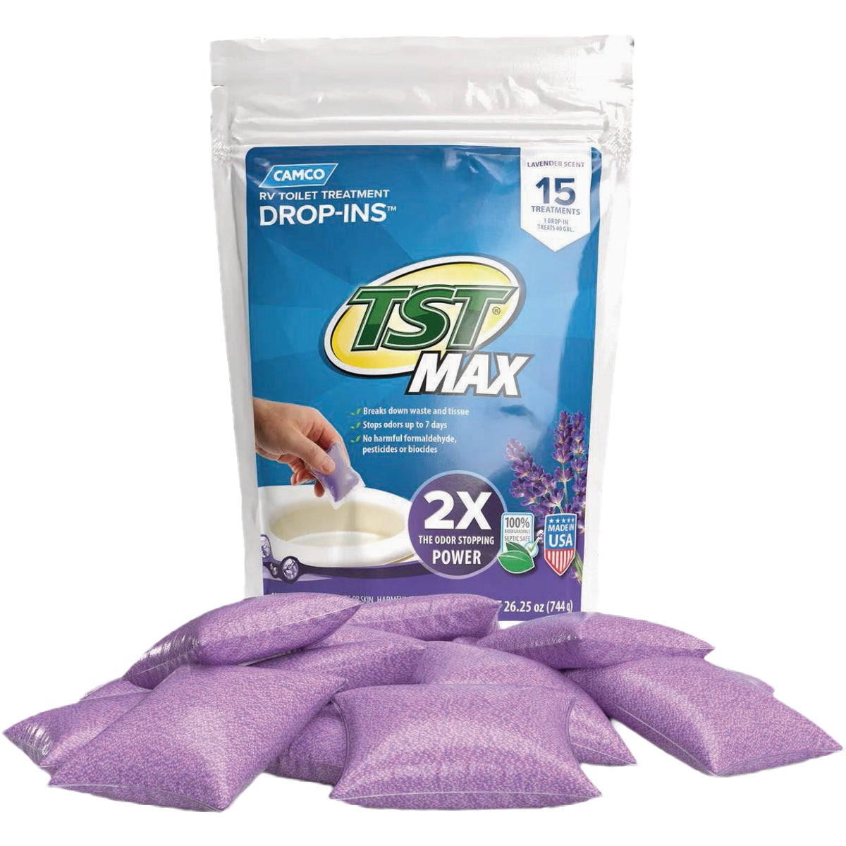 Camco TST MAX RV Toilet Treatment Drop-Ins, Lavender (15-Count)
