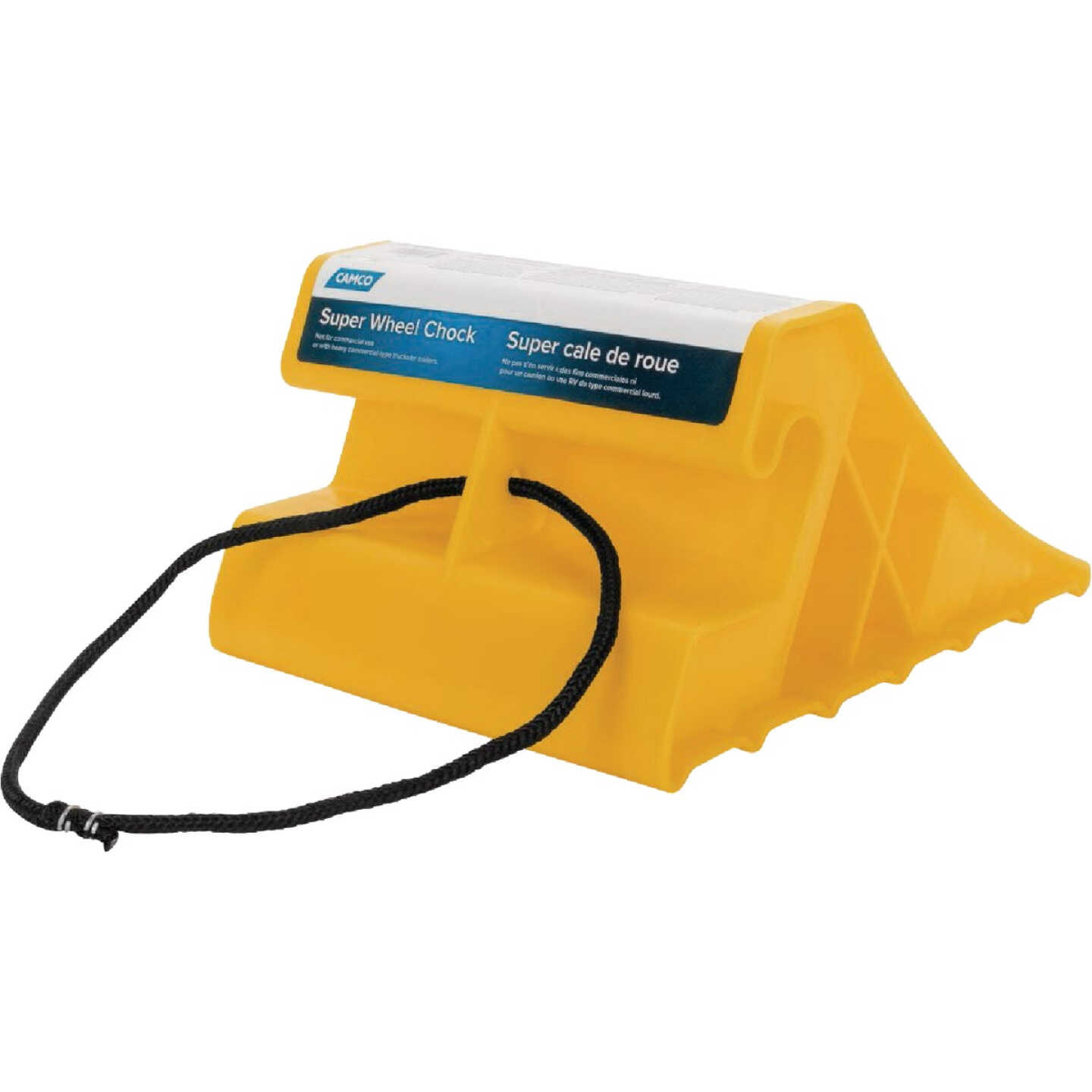 Camco Yellow Plastic RV Super Wheel Chock with Rope Image 1