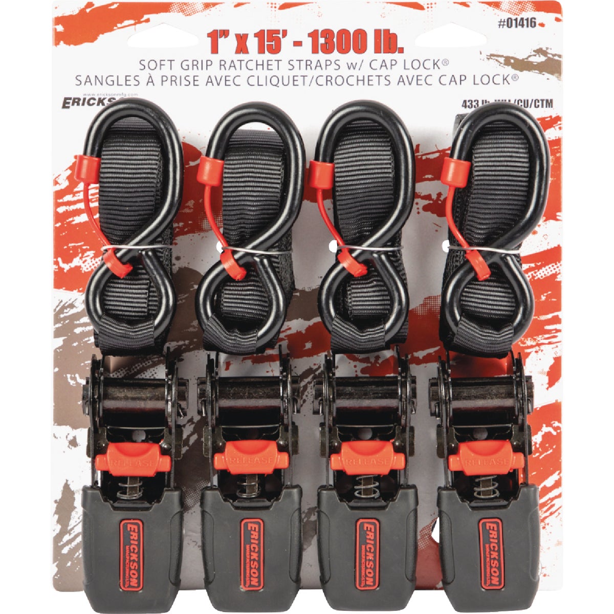 Erickson 1 In. x 15 Ft. 1300 Lb. Soft Grip Ratchet Tie-Down with Cap Locks (4-Pack) Image 2