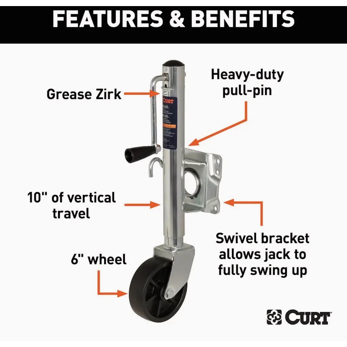 CURT 10 In. 1000 Lb. Marine Trailer Jack with 6 In. Wheel Image 3