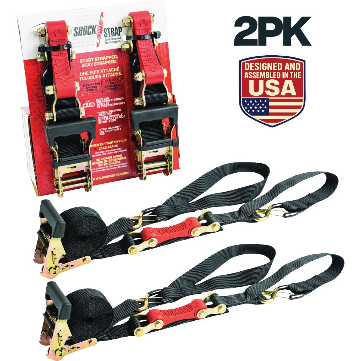 ShockStrap 15 Ft. x 1.5 In. Constant Tension Ratchet Tie Down Straps (2-Pack)