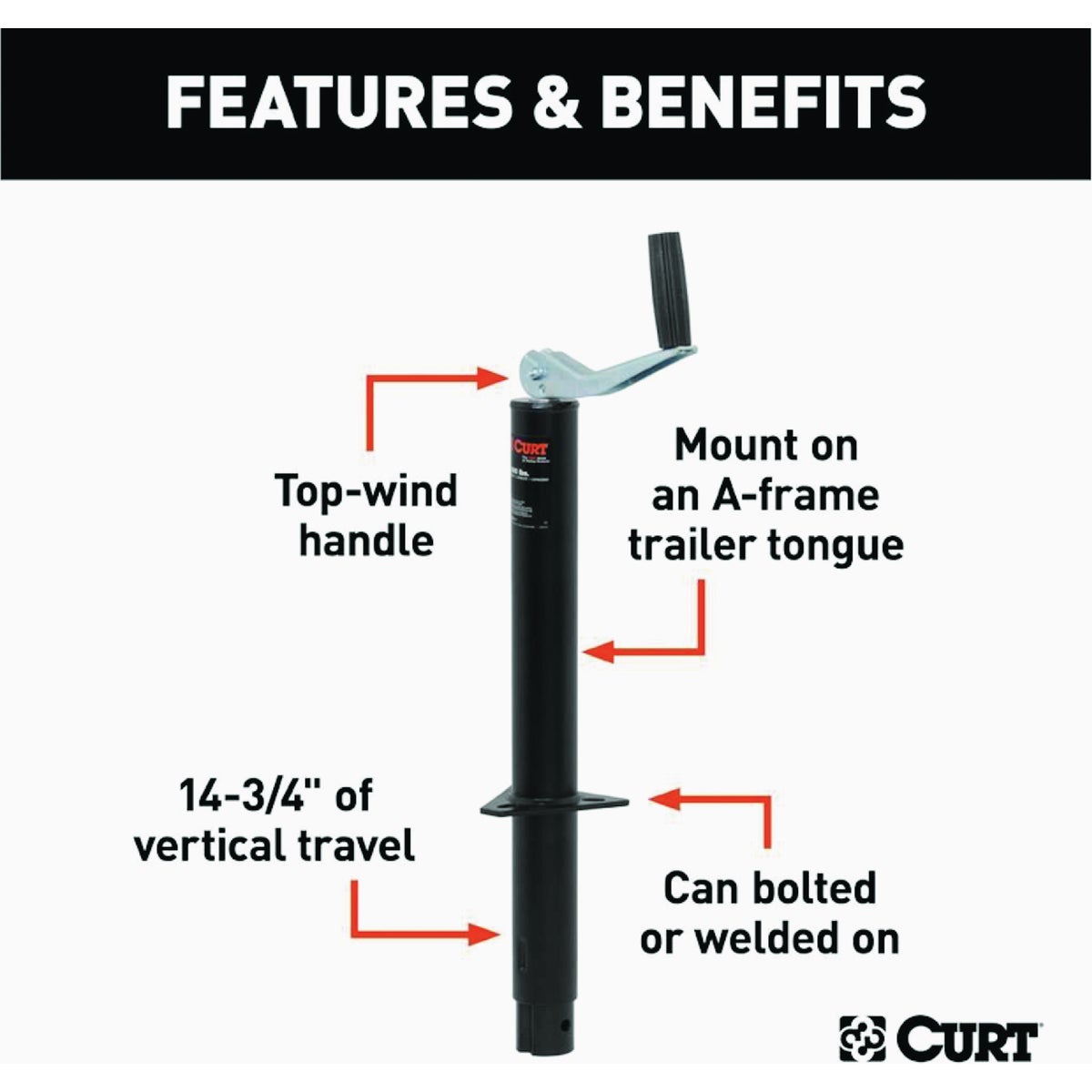 Curt 2000 Lb. A-Frame Jack With Top Handle, 15 In. Travel Image 2