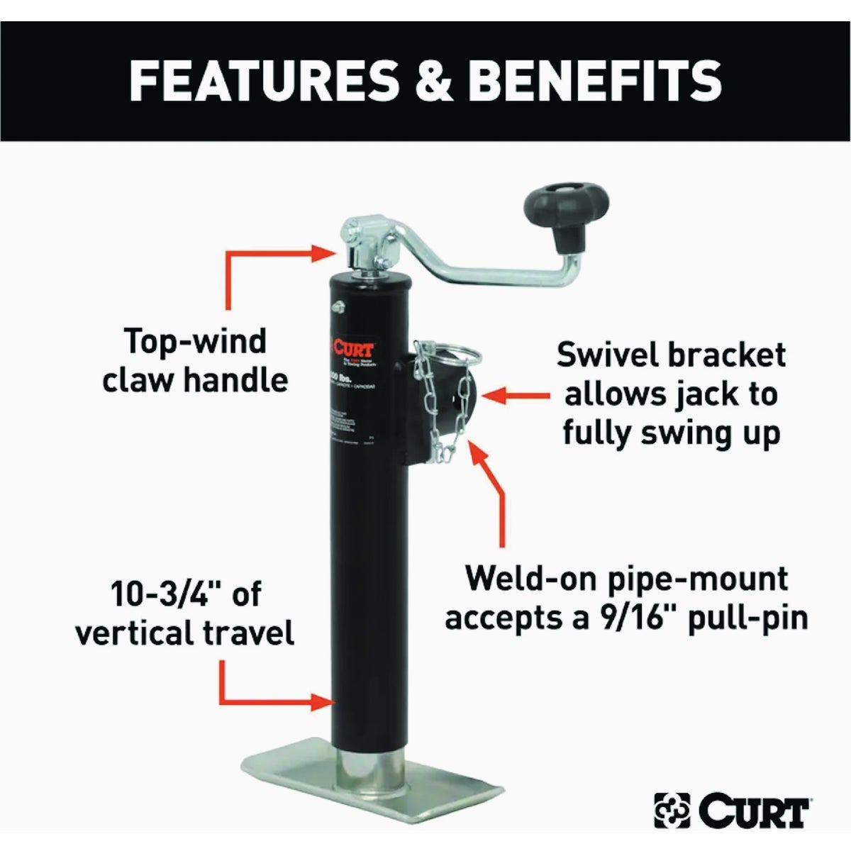 Curt 2000 Lb. Pipe-Mount Swivel Jack With Top Handle, 10 In. Travel Image 2