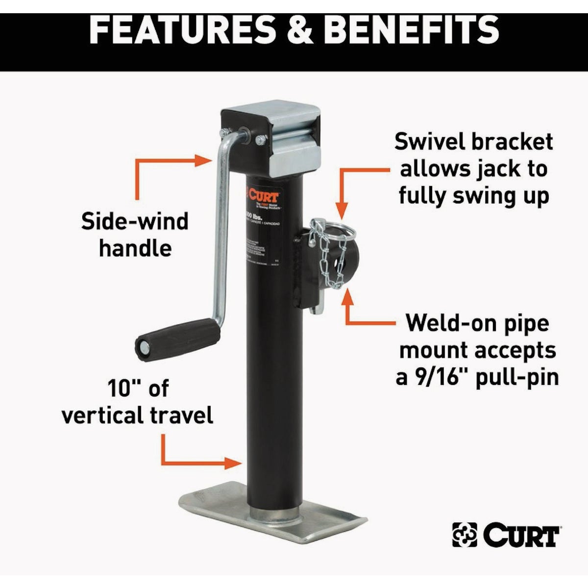 CURT 3000 Lb. Pipe-Mount Swivel Jack with Side Handle, 10 In. Travel Image 2