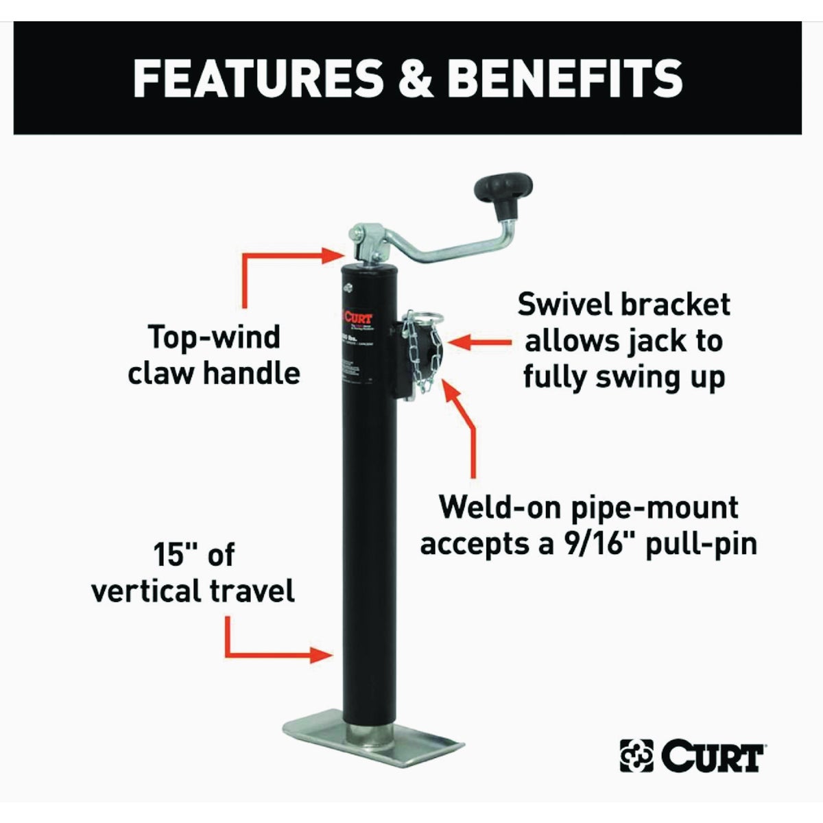 Curt 2000 Lb. Pipe-Mount Swivel Jack With Top Handle, 15 In. Travel Image 3