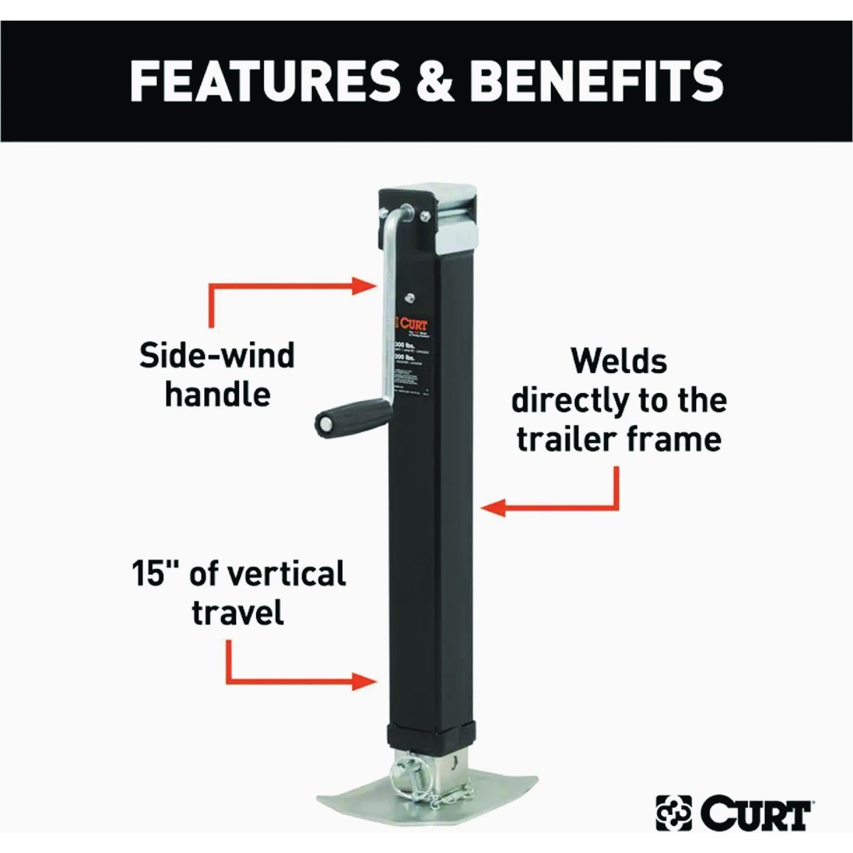 Curt 8,000 Lb. Direct-Weld Square Jack With Side Handle, 15 In. Travel Image 2