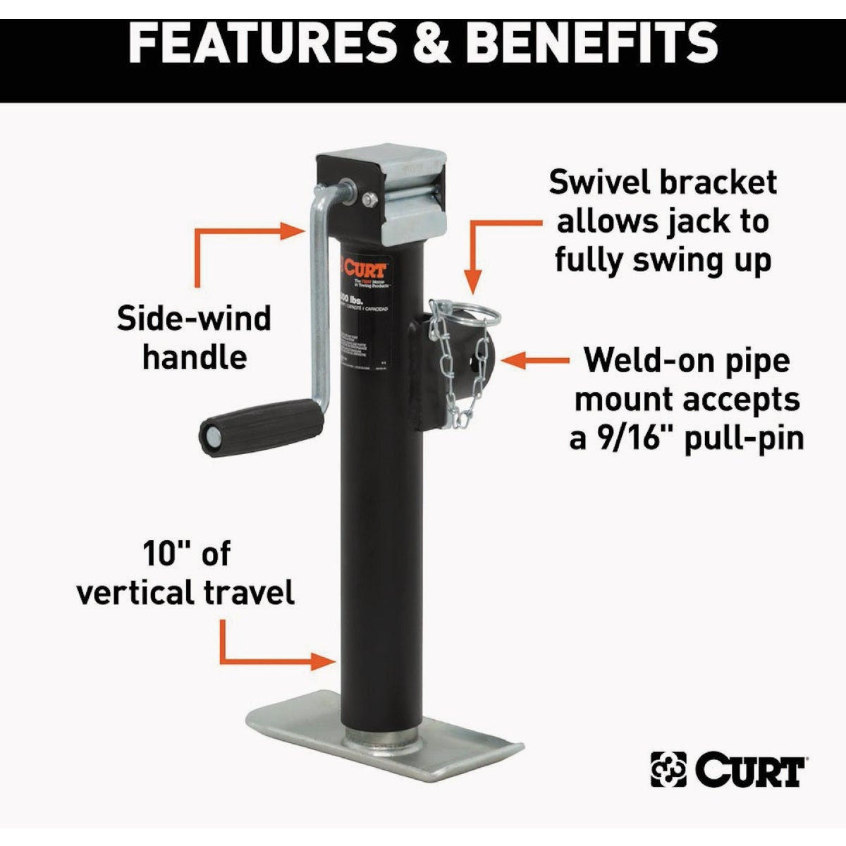CURT 2000 Lb. Sidewind Pipe-Mount Swivel Trailer Jack, 10 In. Travel Image 5