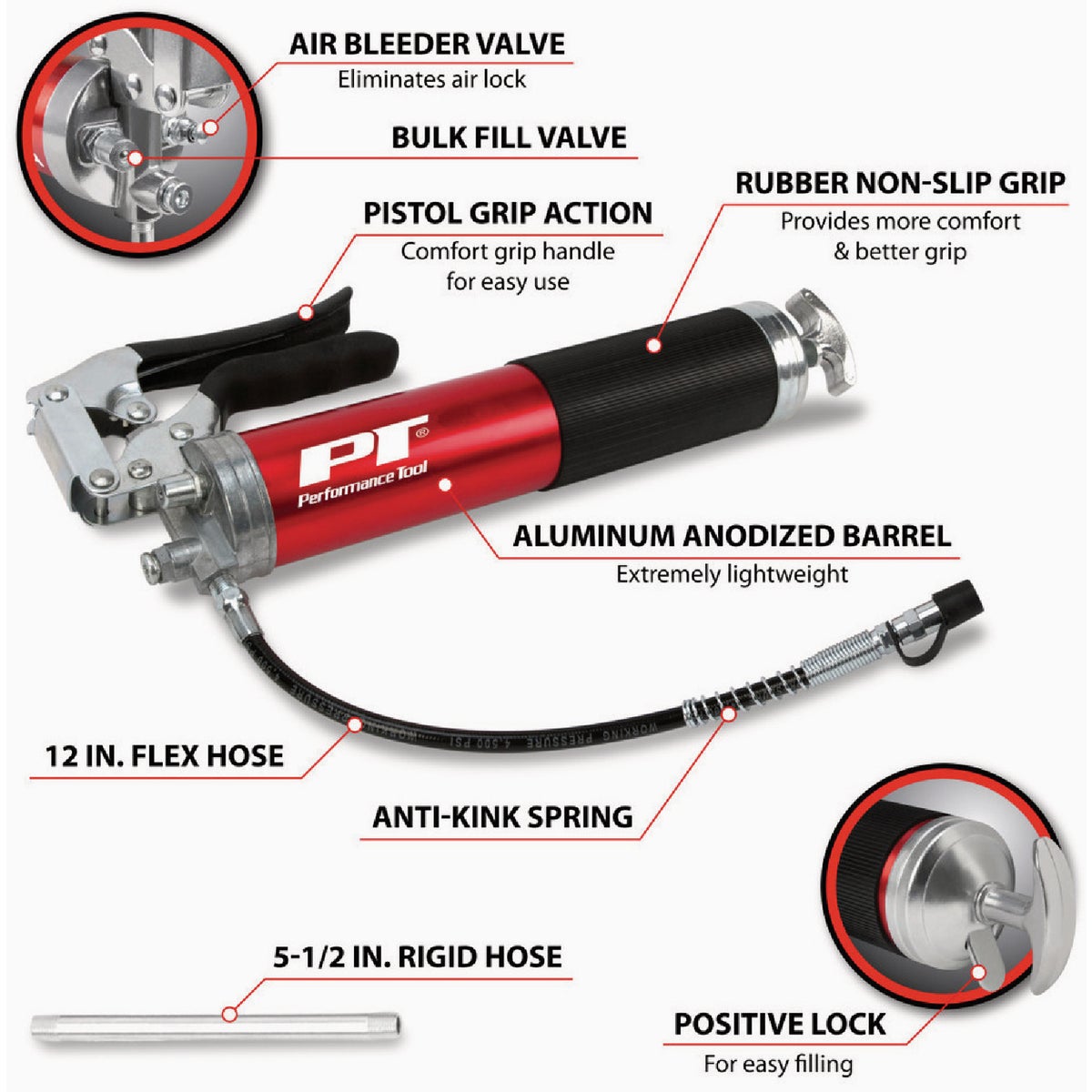 Performance Tool Aluminum Pistol Grip Grease Gun Image 2