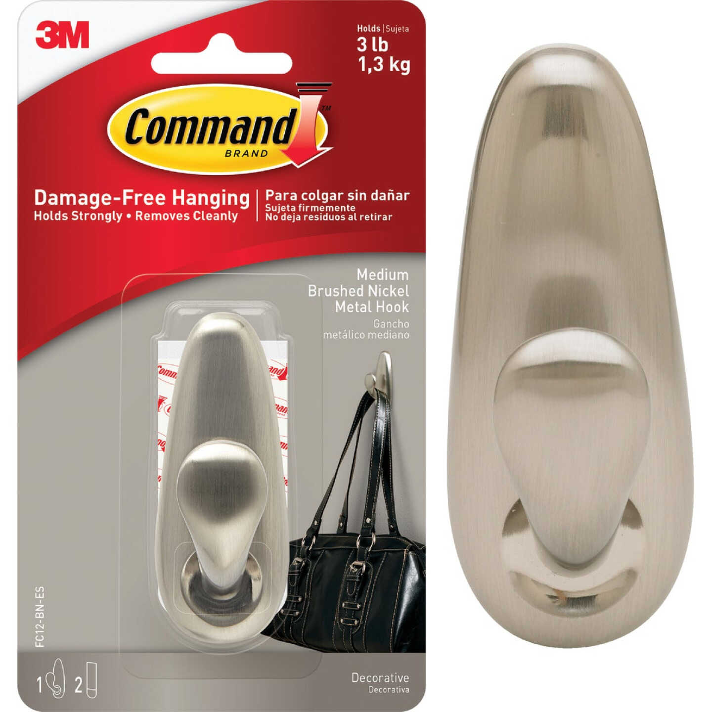 Command Medium Forever Classic Hook, Brushed Nickel, 1 Hook, 2 Strips Image 1