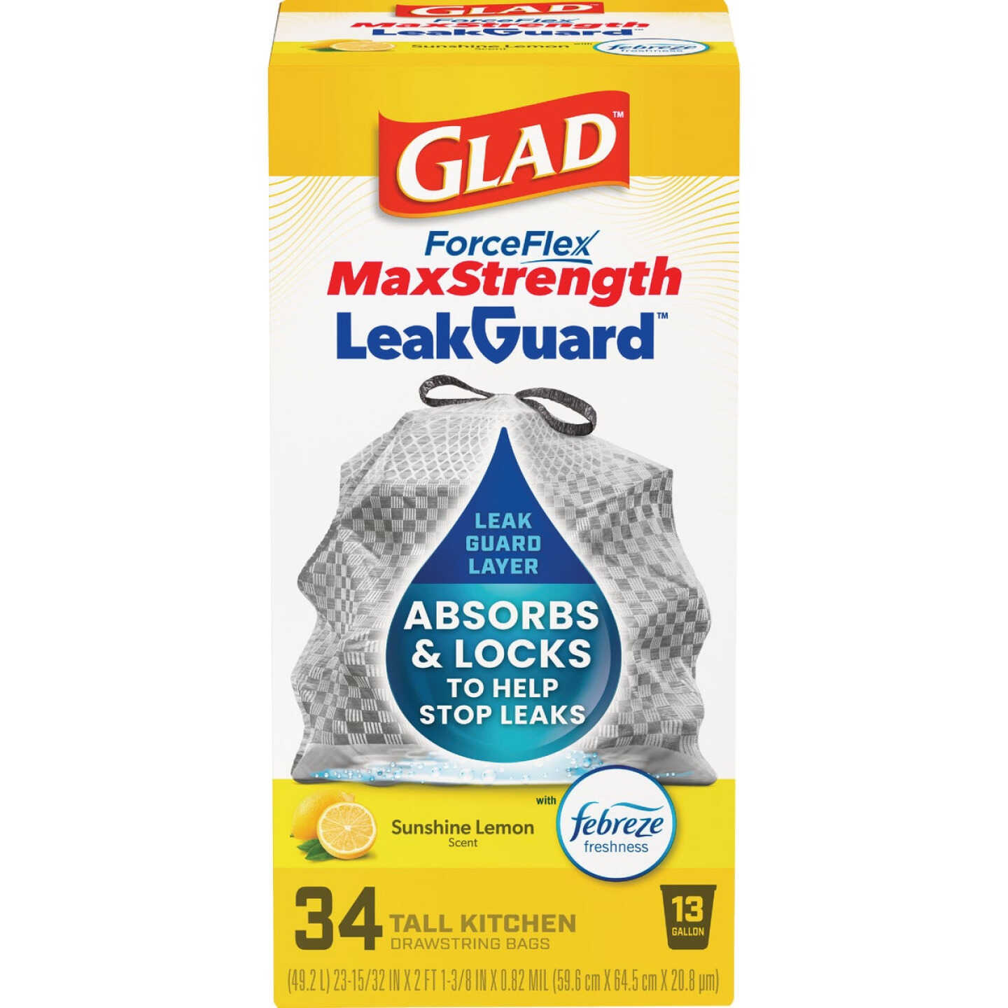 Glad ForceFlex 13 Gal. MaxStrength Sunshine Lemon Tall Kitchen Drawstring Trash Bag (34-Count) Image 1
