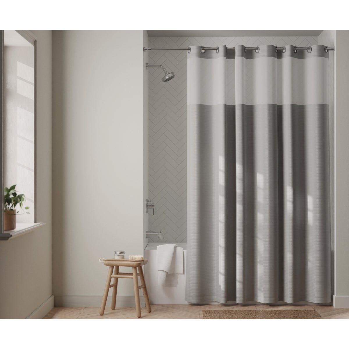 Zenna Home 71 In. x 74 In. Kadin Grey Fabric InstaCurtain Hotel-Style Shower Curtain Image 2