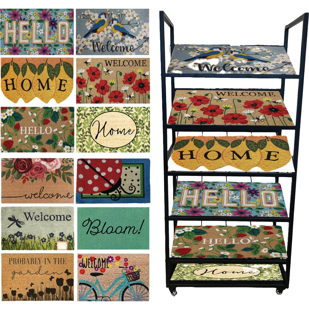 Direct Home Spring and Summer Coir Fiber Door Mat Assortment with 6-Shelf Metal Rolling Rack (72-Piece)