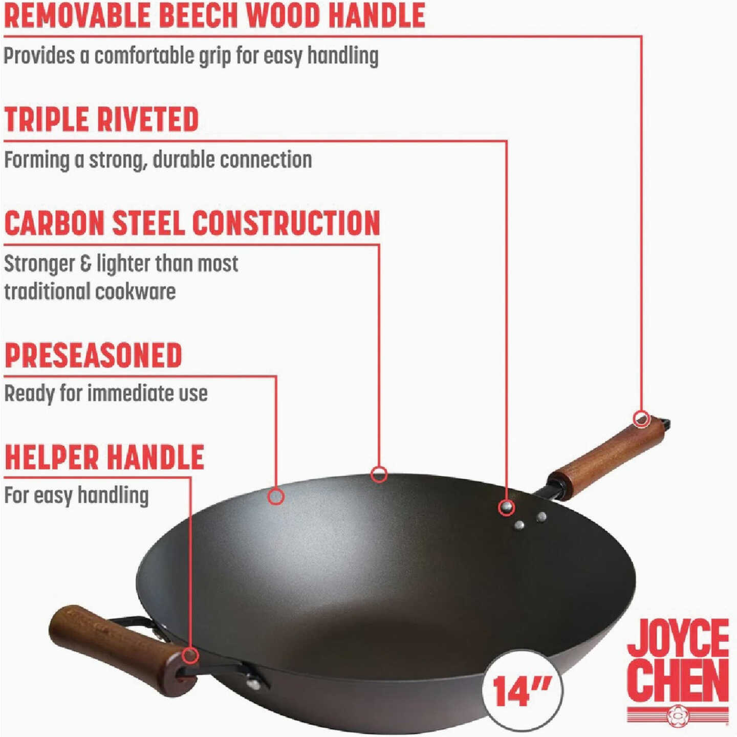 Joyce Chen Classic Series 14 In. Carbon Steel Preseasoned Wok Image 2