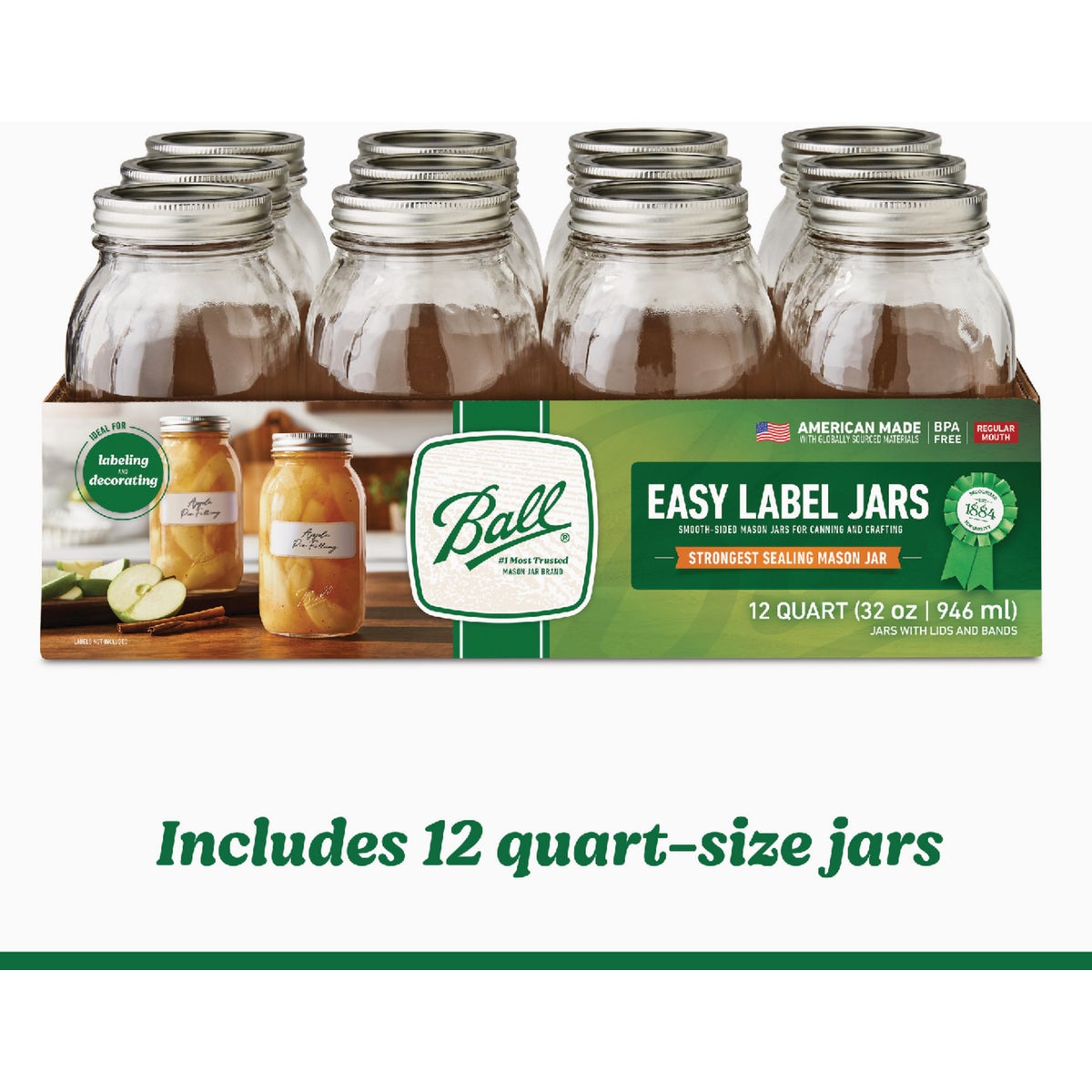 Ball 1 Qt. Easy-Label Regular Mouth Smooth-Sided Mason Jar (12-Count) Image 3