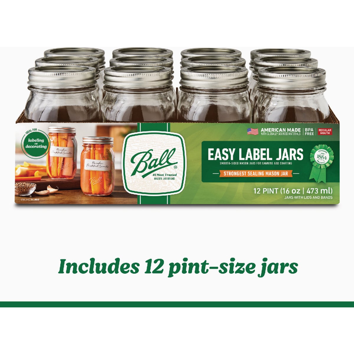 Ball 1 Pt. Easy-Label Regular Mouth Smooth-Sided Mason Jar (12-Count) Image 3