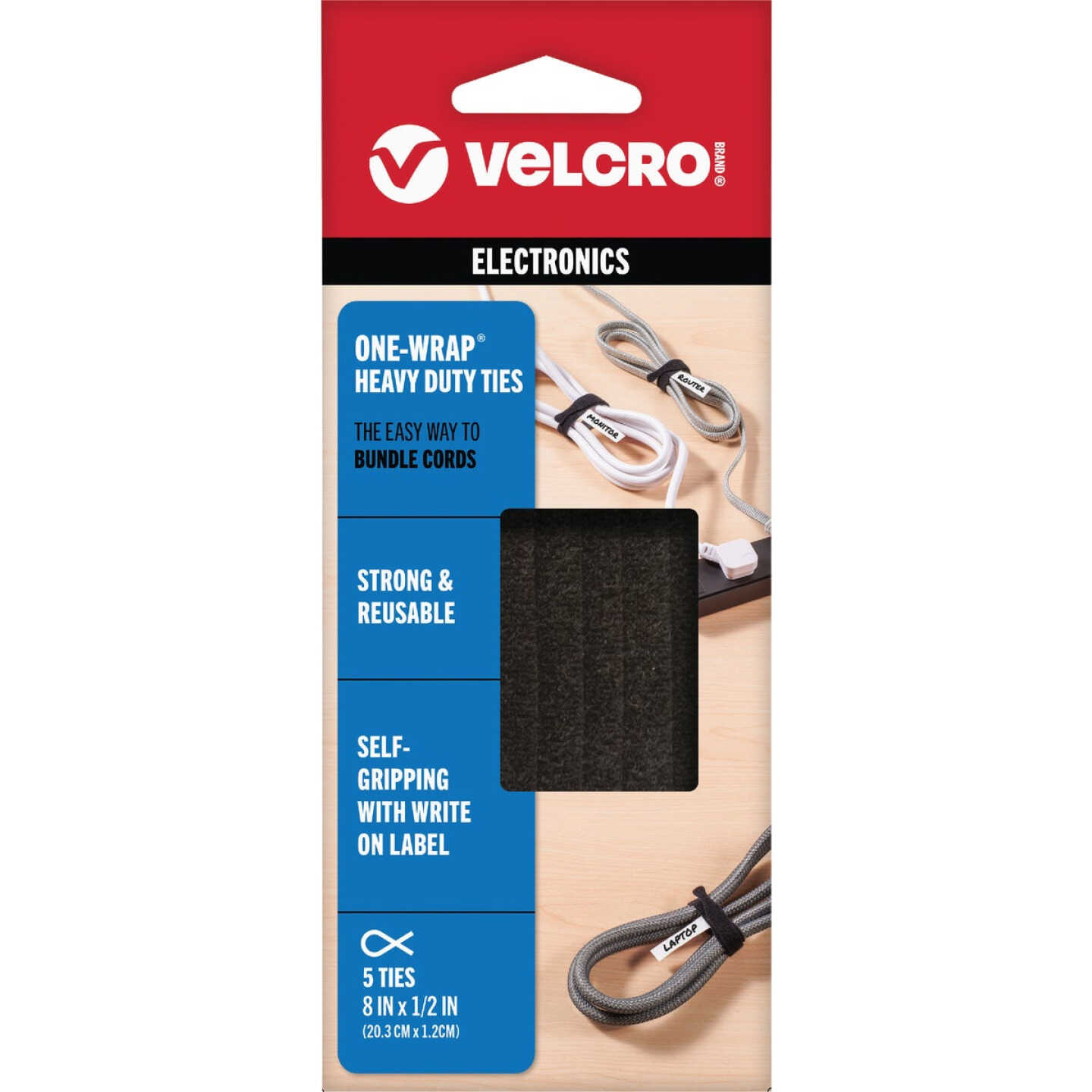 VELCRO Brand One-Wrap 1/2 In. x 8 In. Black Hook & Loop Tie (5-Count) Image 1