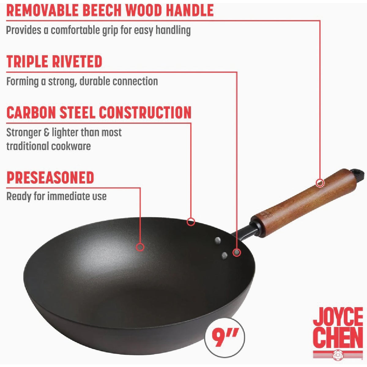 Joyce Chen Classic Series 9-1/2 In. Carbon Steel Preseasoned Stir Fry Pan Image 2