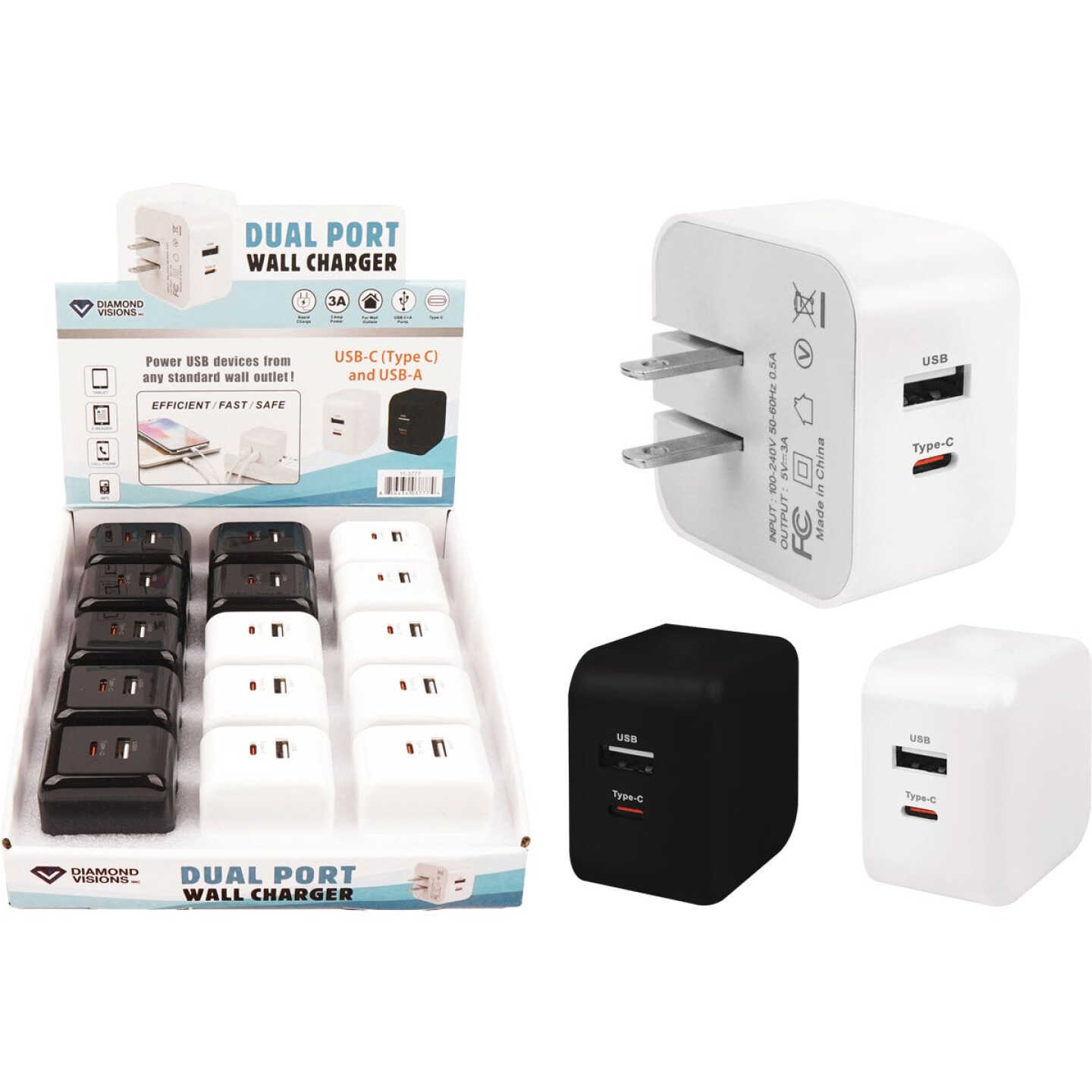 Diamond Visions AC Outlet Dual 3A Space Saving Wall USB-C and USB-A Charger Image 1