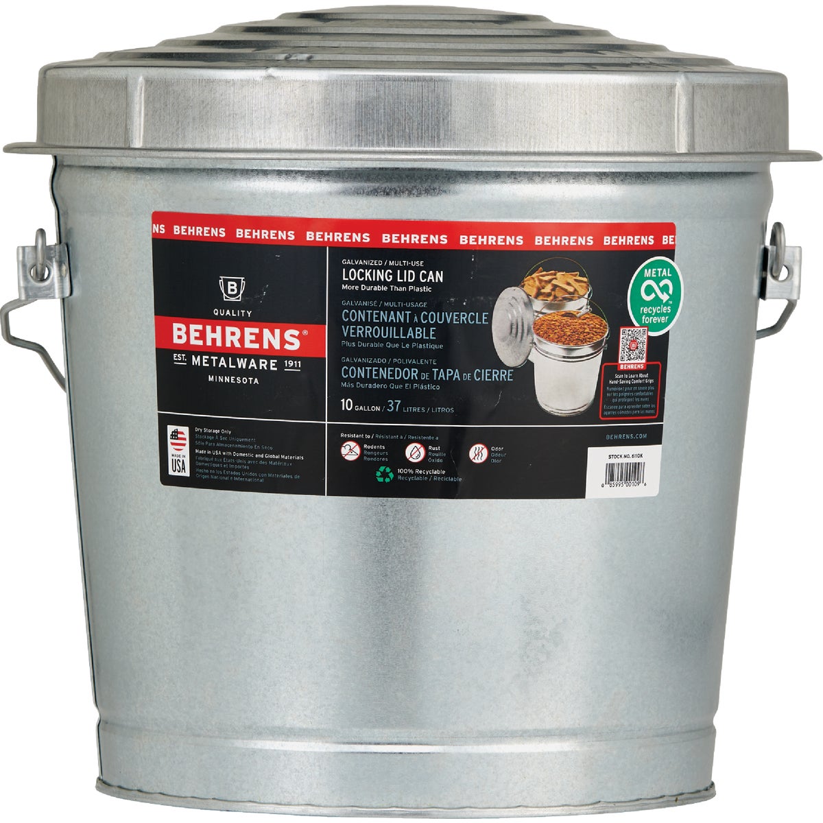 Behrens 10 Gal.  Galvanized Locking Lid Trash Can with Lid Image 3