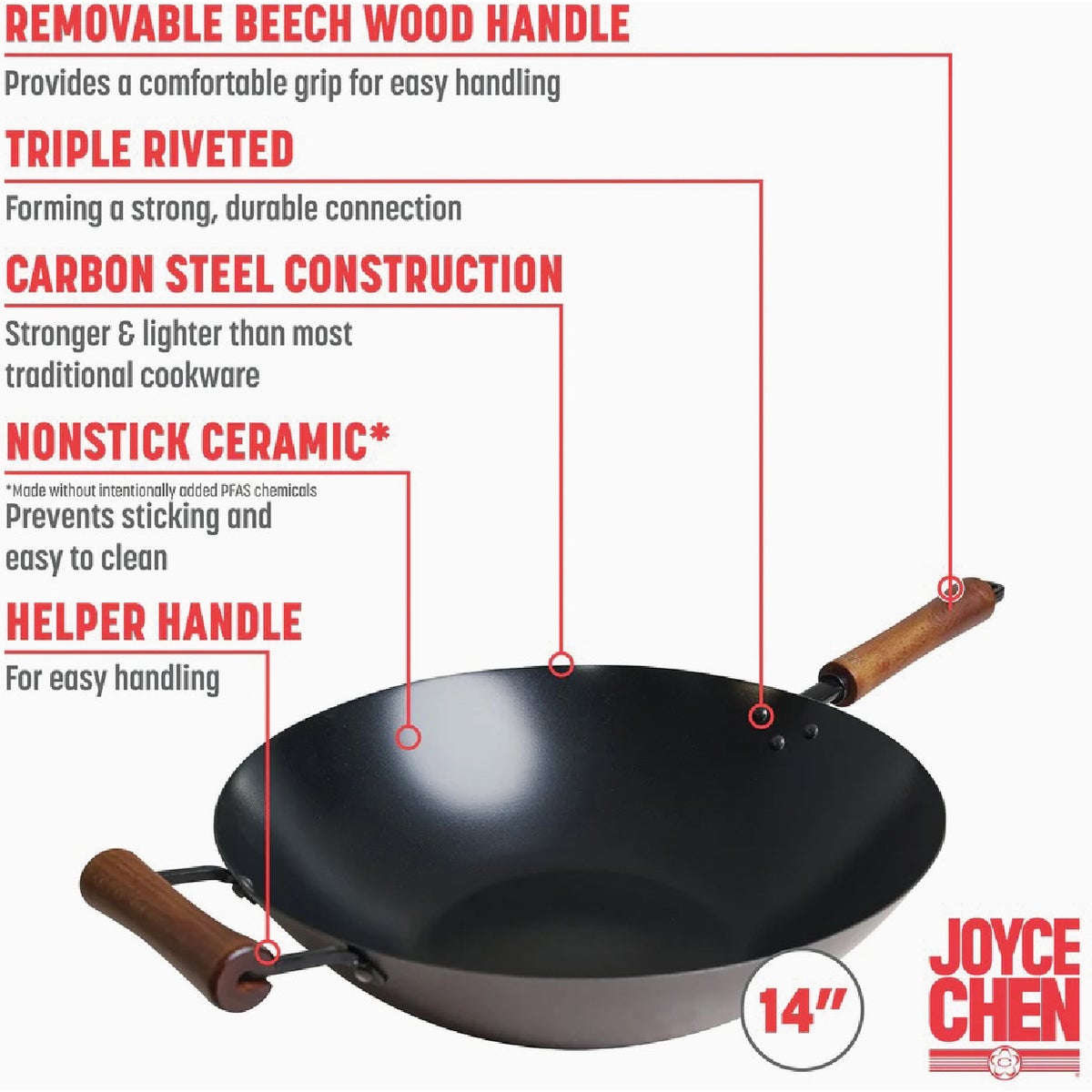 Joyce Chen Classic Series 14 In. Carbon Steel Ceramic Coated Nonstick Wok Image 4