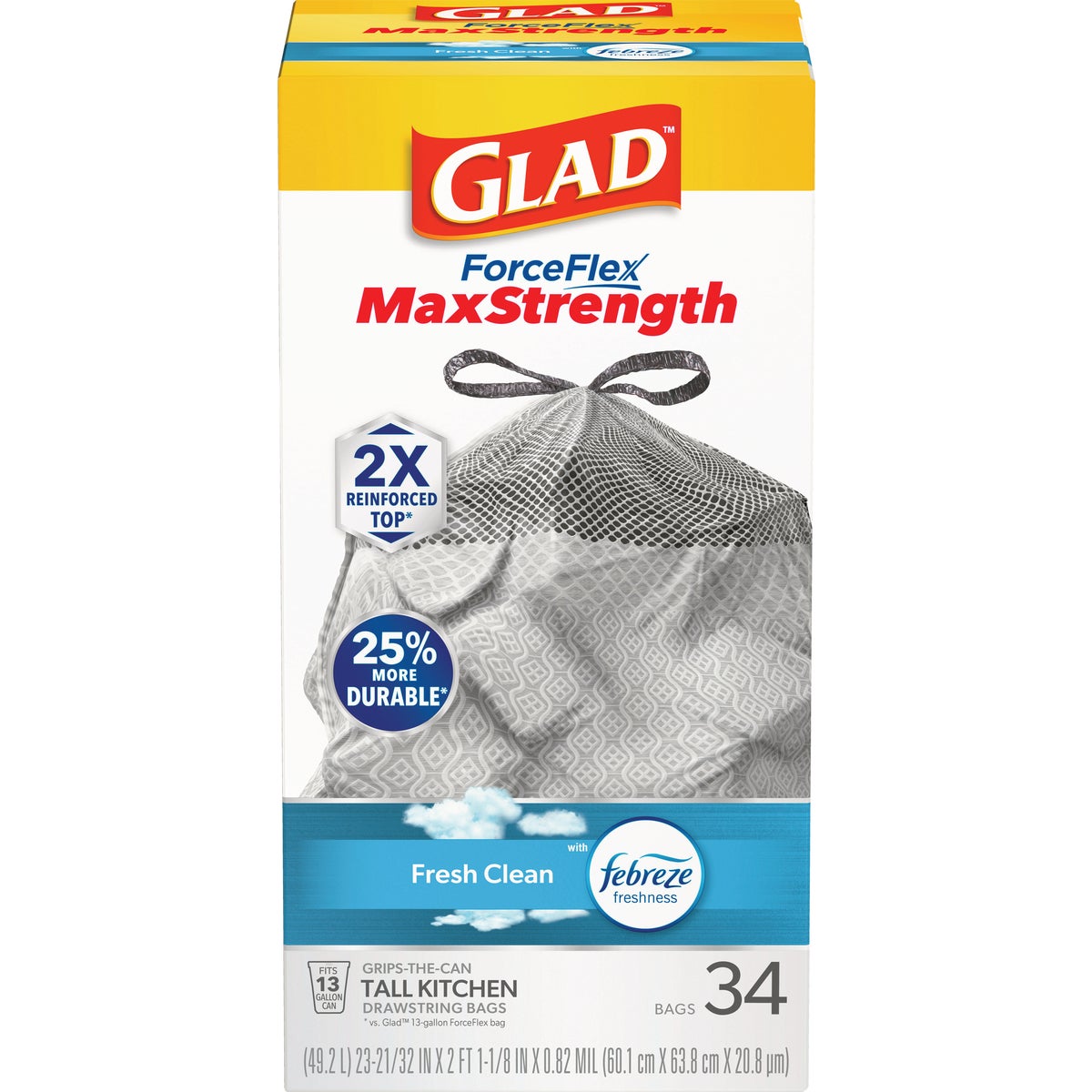 Glad ForceFlex MaxStrength 13 Gal. Grab Zone Drawstring Fresh Clean Odor Shield Trash Bags (34-Count)