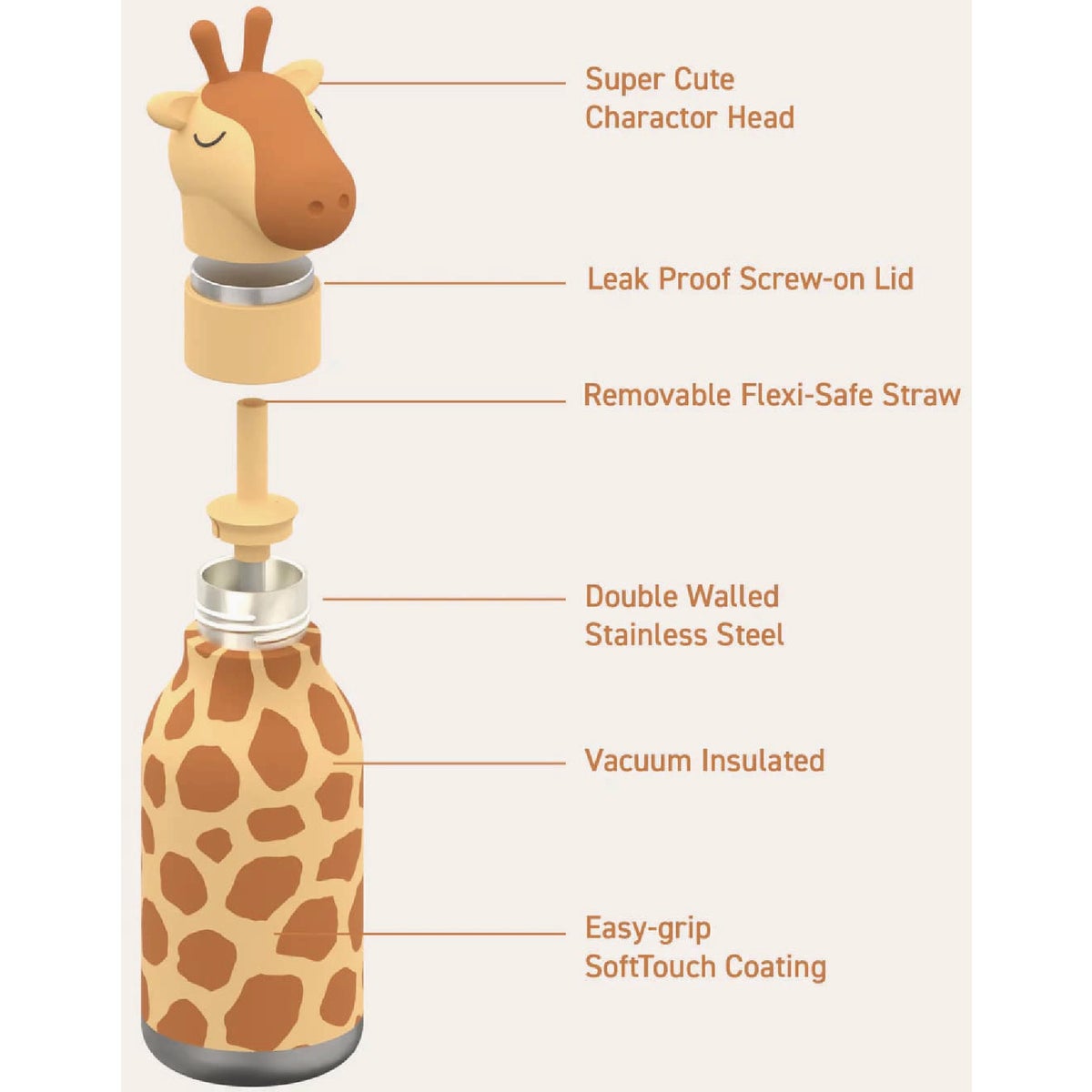Ad-N-Art 16 Oz. Bestie Animal Insulated Water Bottle, Giraffe Spots Image 3