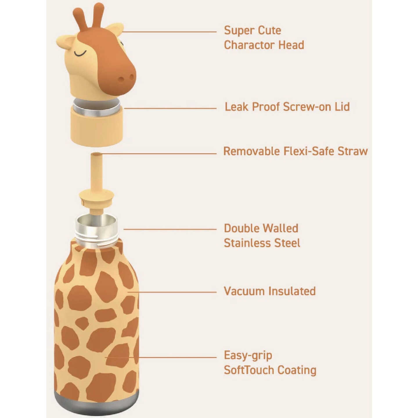 Ad-N-Art 16 Oz. Bestie Animal Insulated Water Bottle, Giraffe Spots Image 3