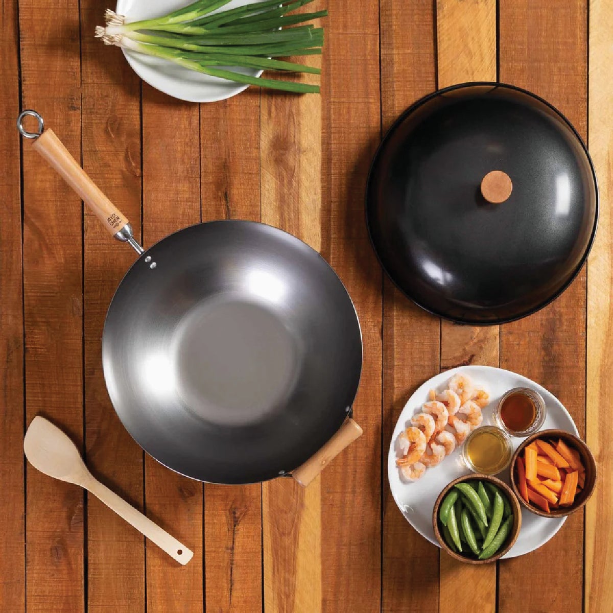 Joyce Chen Classic Series 14 In. Uncoated Carbon Steel Flat Bottom Wok Set with Lid and Birch Handles (4-Pc.) Image 2