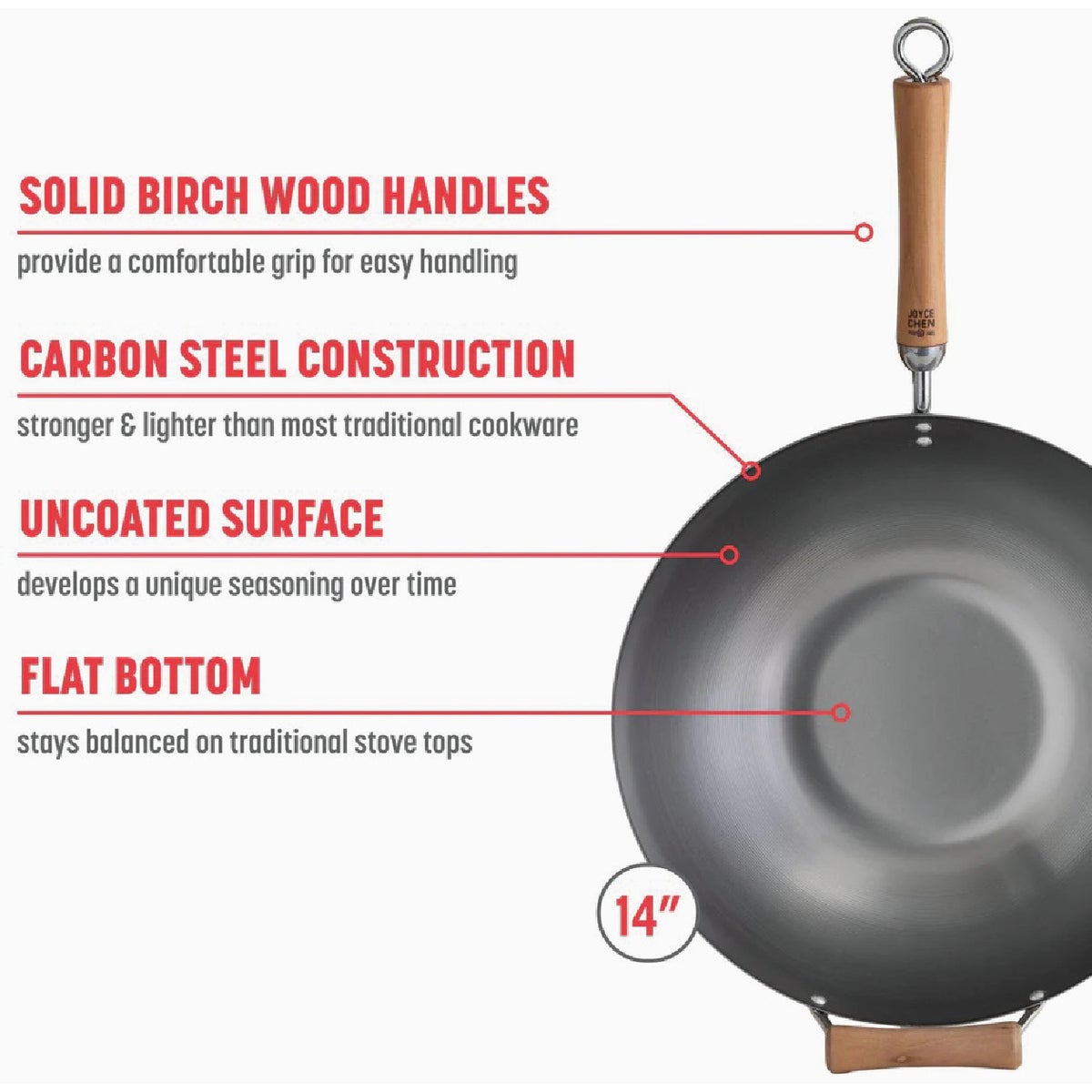 Joyce Chen Classic Series 14 In. Uncoated Carbon Steel Flat Bottom Wok Set with Lid and Birch Handles (4-Pc.) Image 3