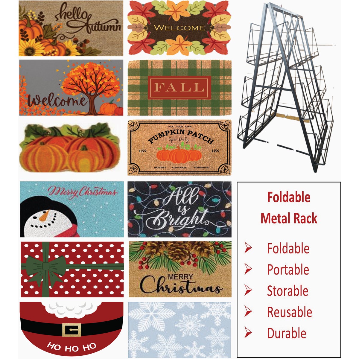 Rockport Premium 72-Piece Assorted Fall & Christmas Doormat Double-Sided Metal Display