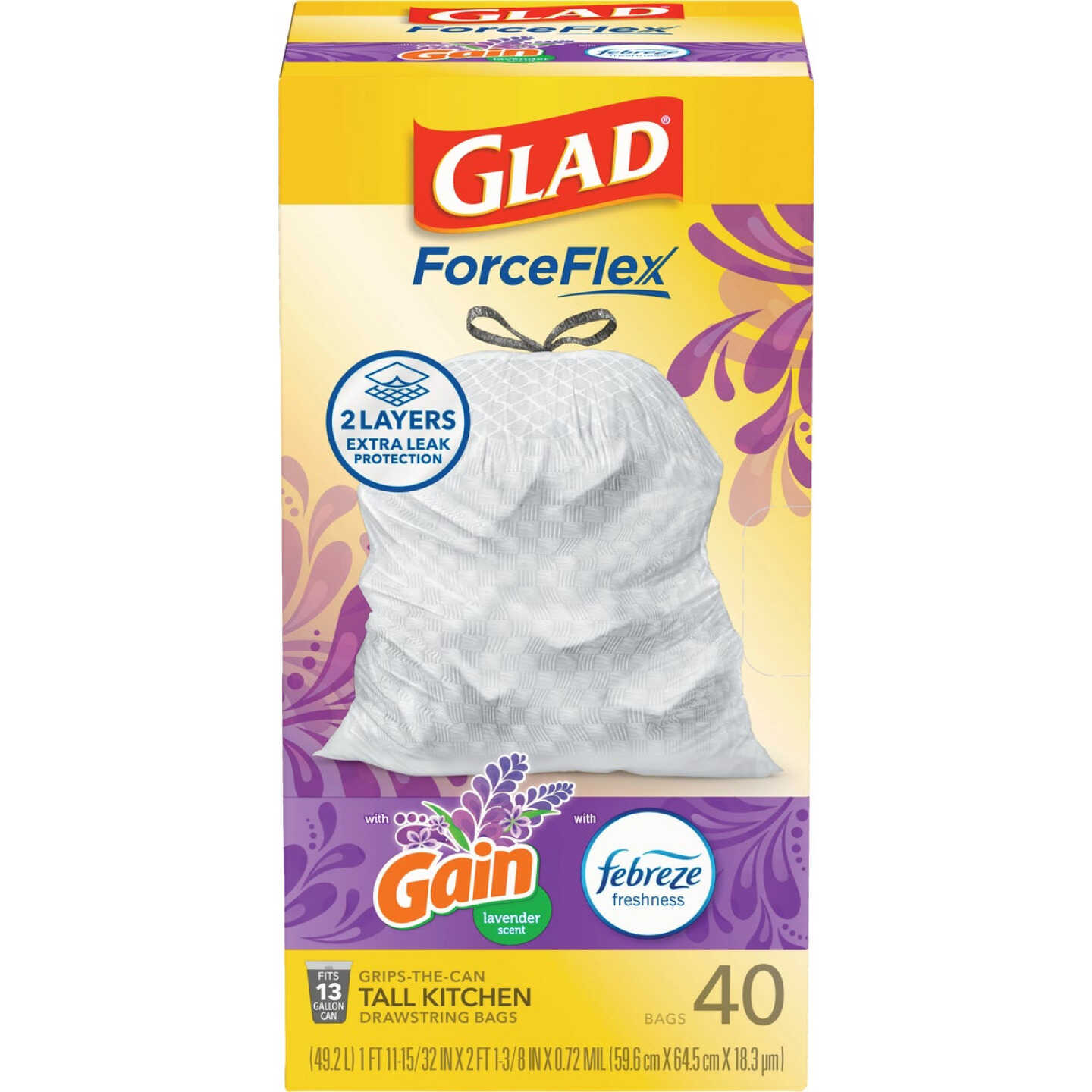 Glad 13 Gal. ForceFlex Lavender/Gain Original Odor Shield Tall Kitchen Drawstring Trash Bag Display Image 2